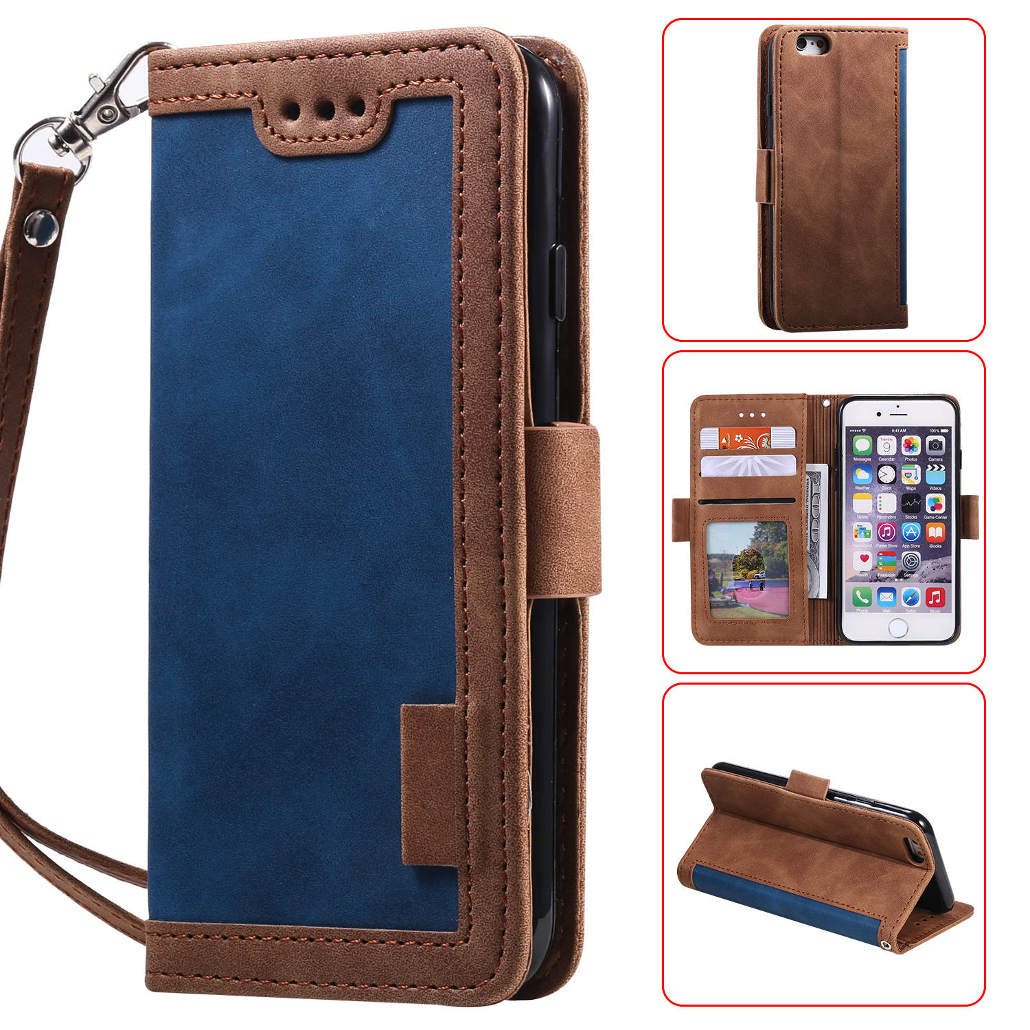 

Retro Splicing Style Wallet Stand Leather Phone Cover for iPhone 6/6s 4.7-inch - Blue, iPhone 6 4.7-inch
