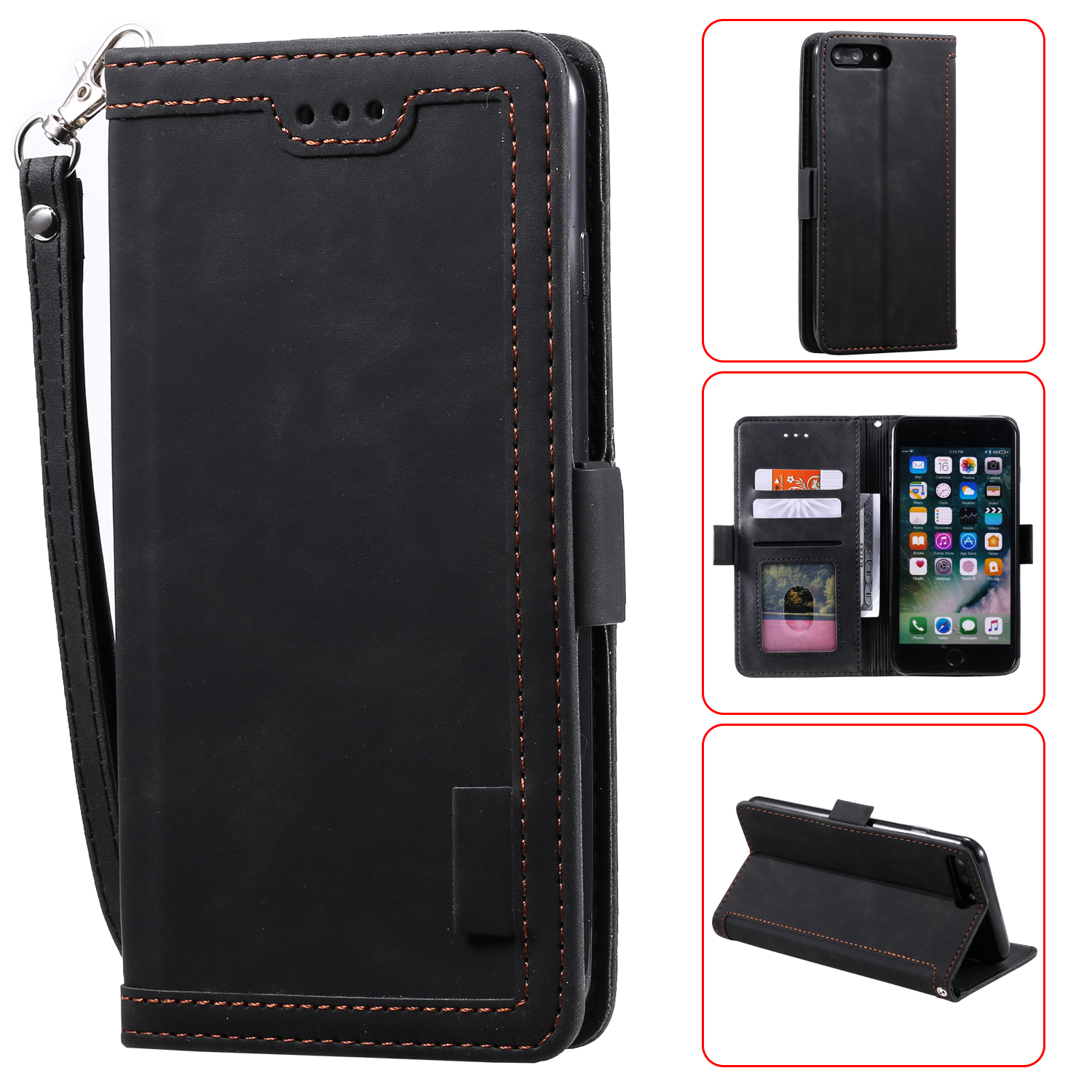 

Vintage Splicing Style Wallet Stand Leather Phone Shell for iPhone 7 Plus/8 Plus 5.5 inch - Black, iPhone 7 Plus 5.5 inch