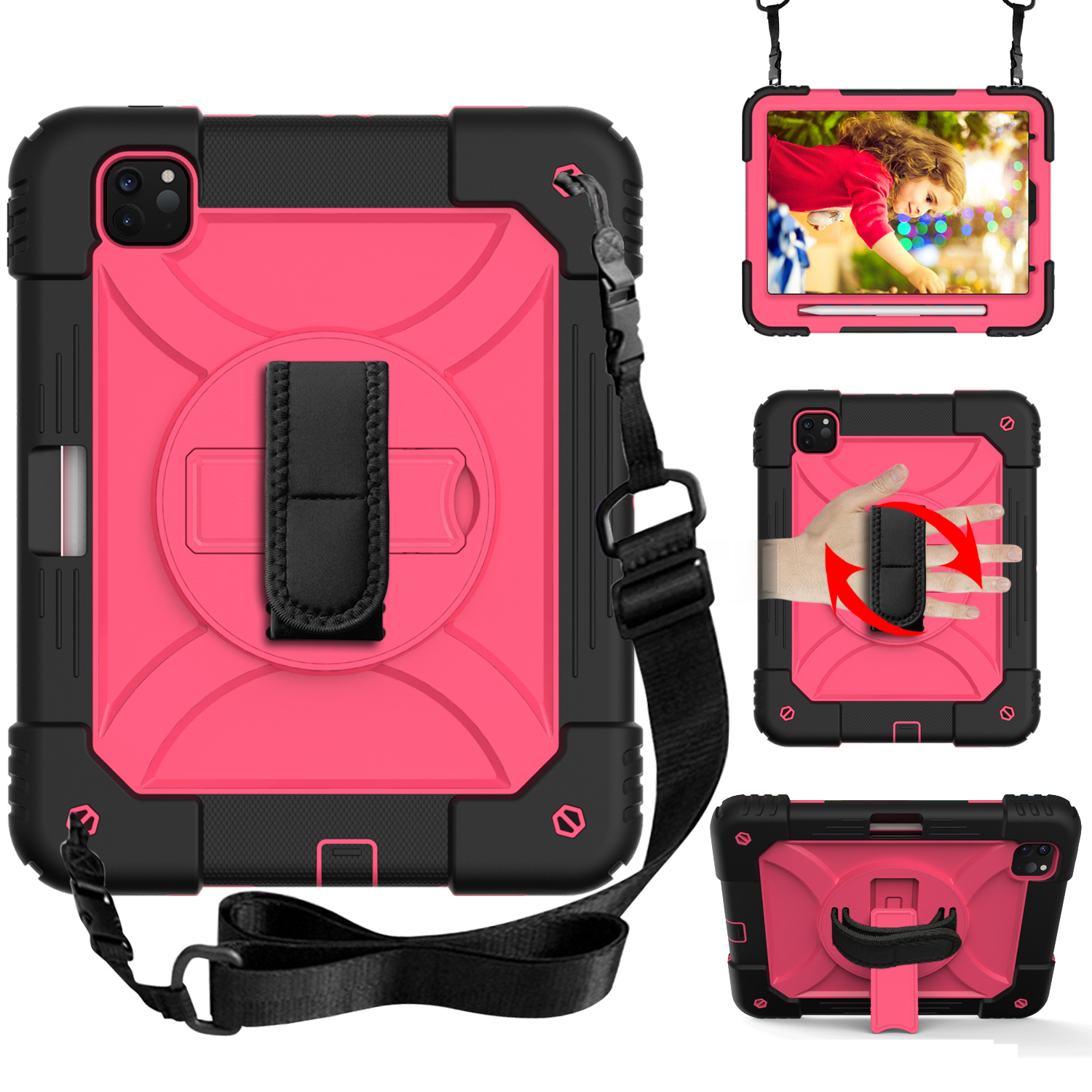 

PC + TPU Shell with 360 Degree Swivel Kickstand Hand Strap and Shoulder Strap for iPad Pro 11-inch (2021)/(2020)/(2018) - Black/Rose, iPad Pro 11-inch (2021)
