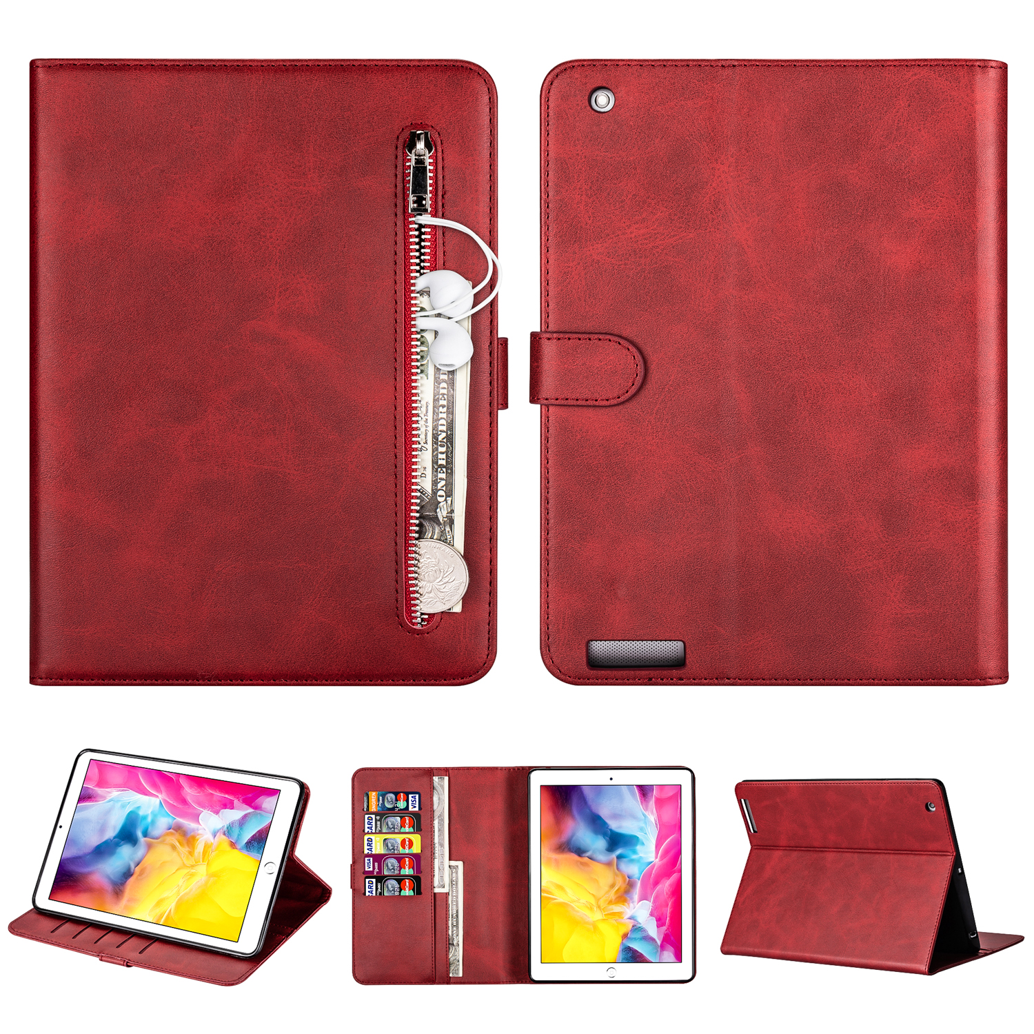 

Zipper Pocket Wallet Stand Leather Tablet Protective Cover for iPad 2/3/4 - Red, iPad 4