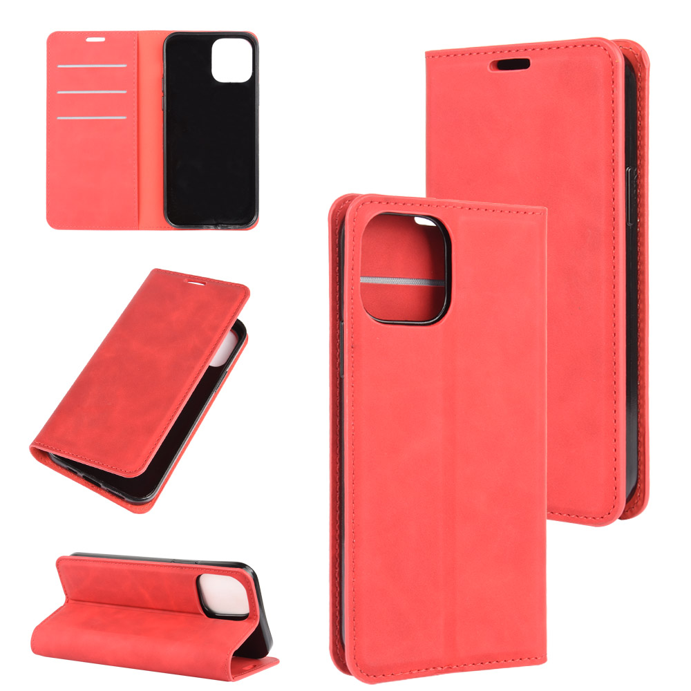 

Silky Touch Leather Shell Wallet Stand Case for iPhone 12 - Red, iPhone 12