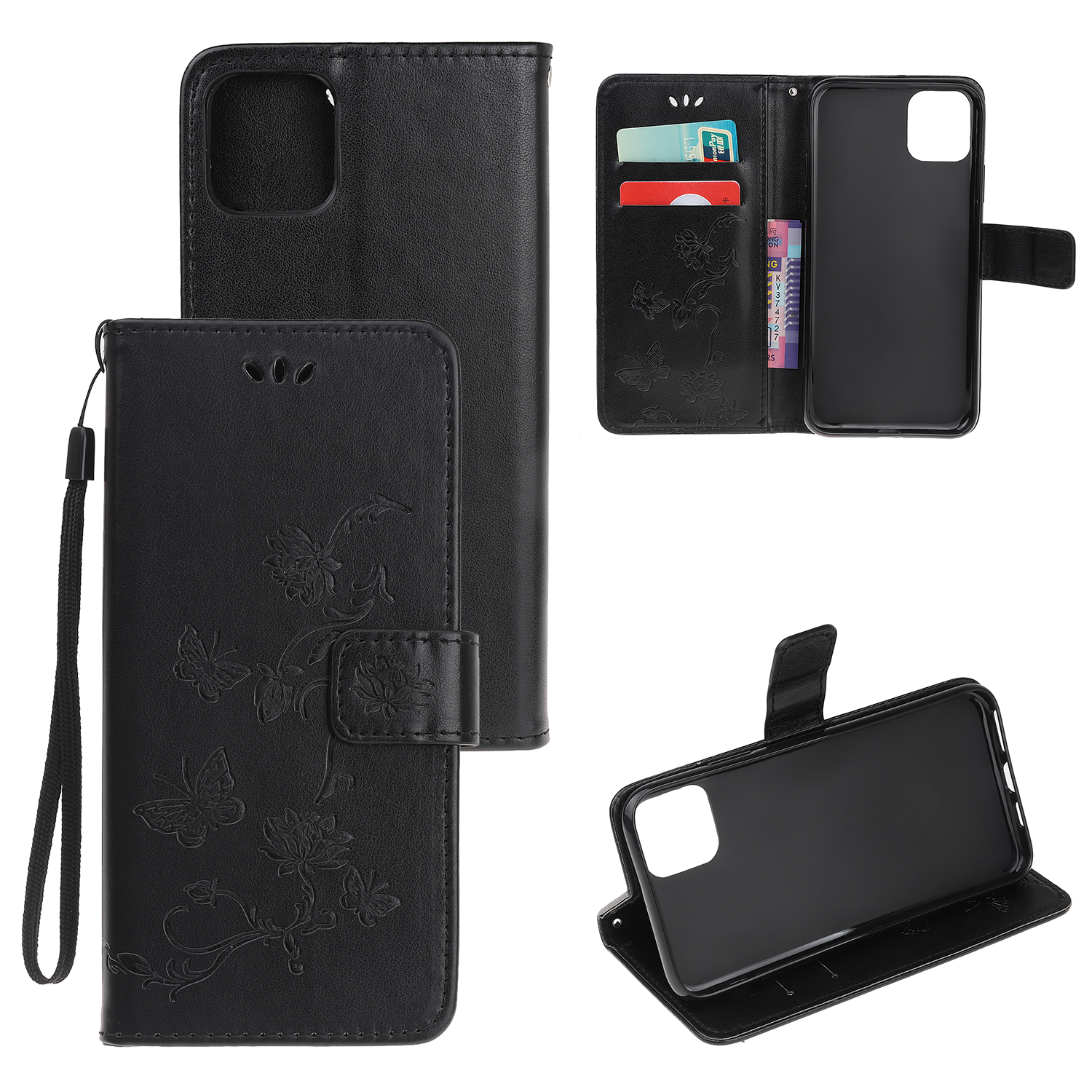 

Imprint Butterfly Flowers Leather Wallet Phone Cover for iPhone 12 Pro 6.1 inch - Black, iPhone 12 Pro