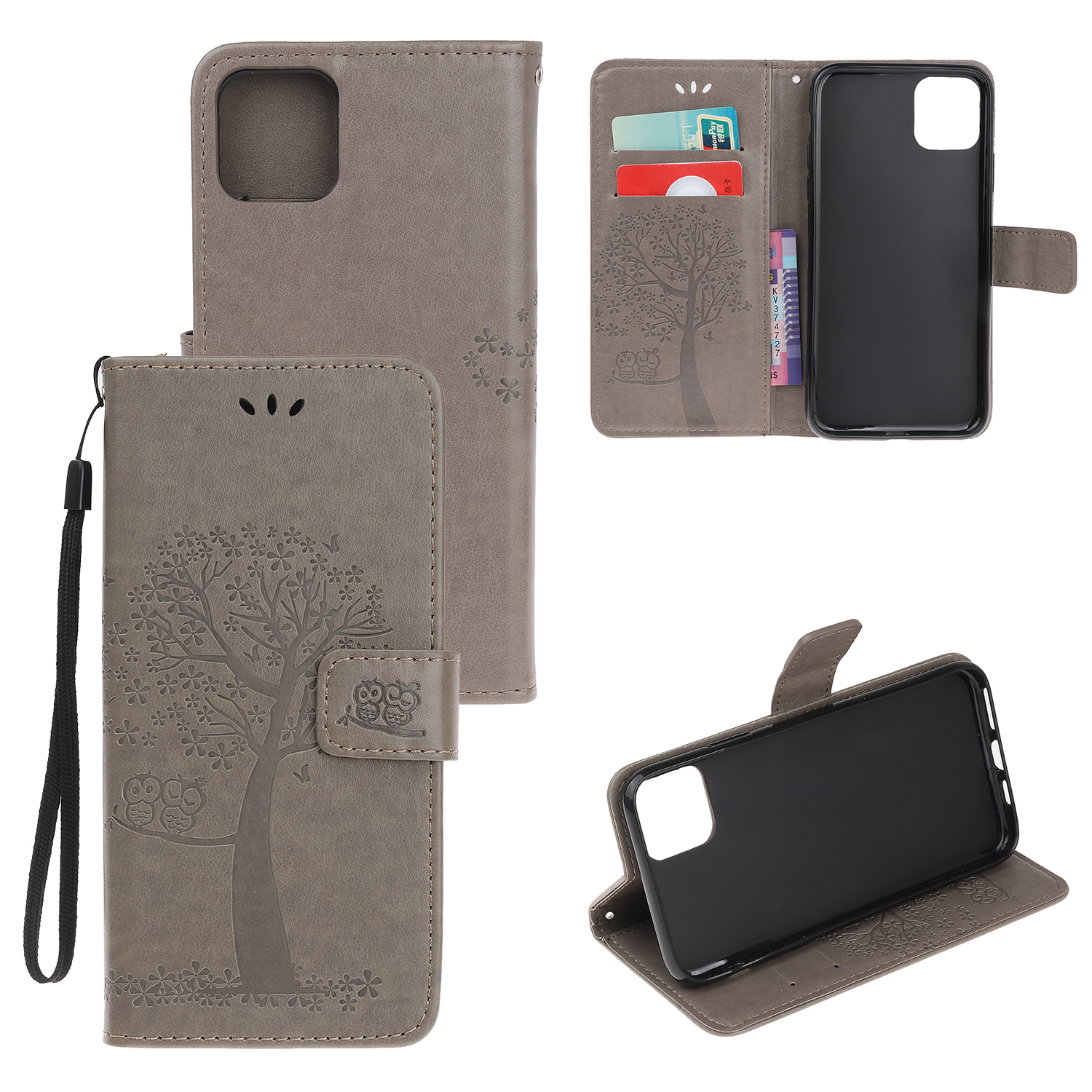 

Imprint Tree Owl Wallet Leather Phone Case for iPhone 12 mini - Grey, iPhone 12 mini