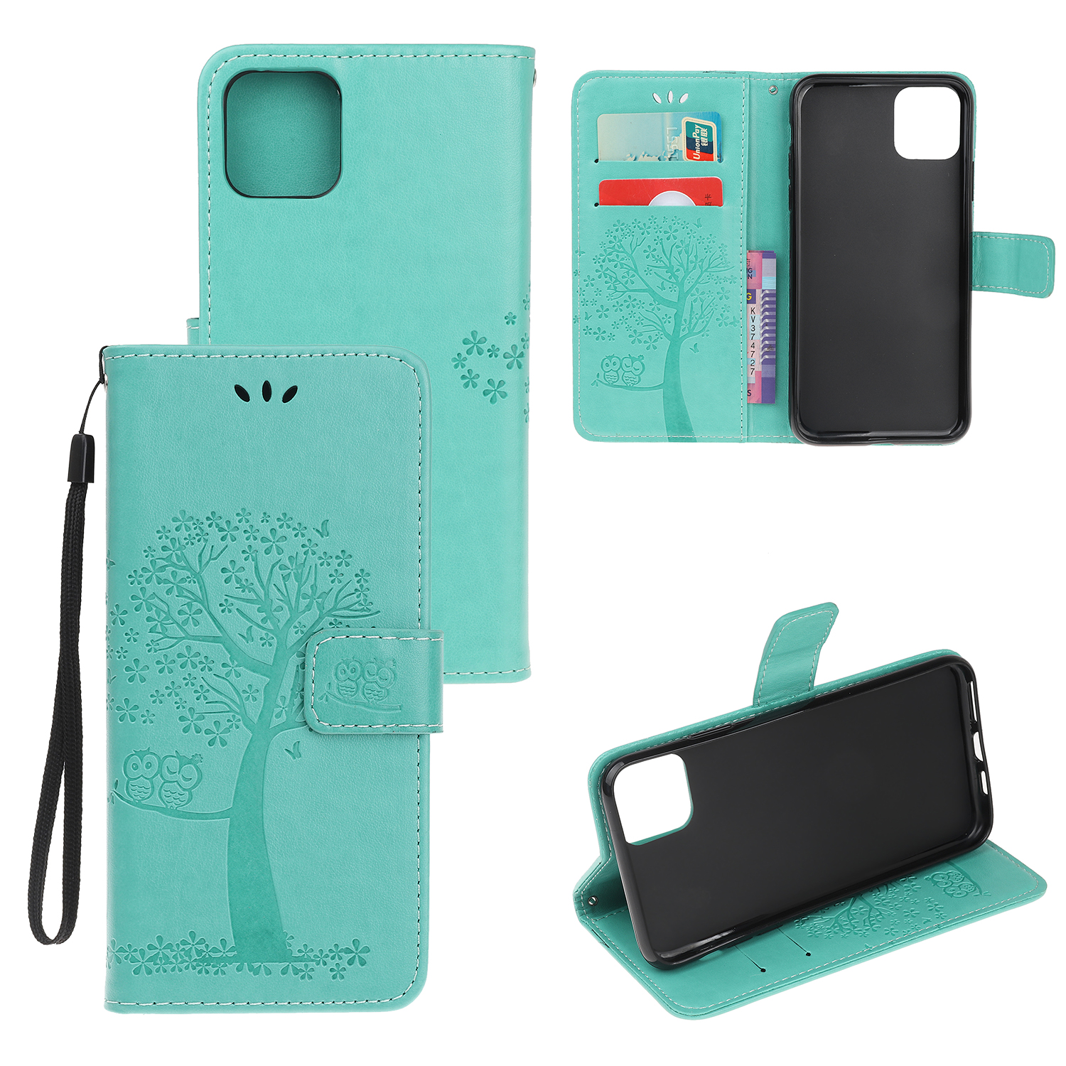 

Imprint Tree Owl Wallet Leather Protection Case for iPhone 12 Pro 6.1 inch - Cyan, iPhone 12 Pro