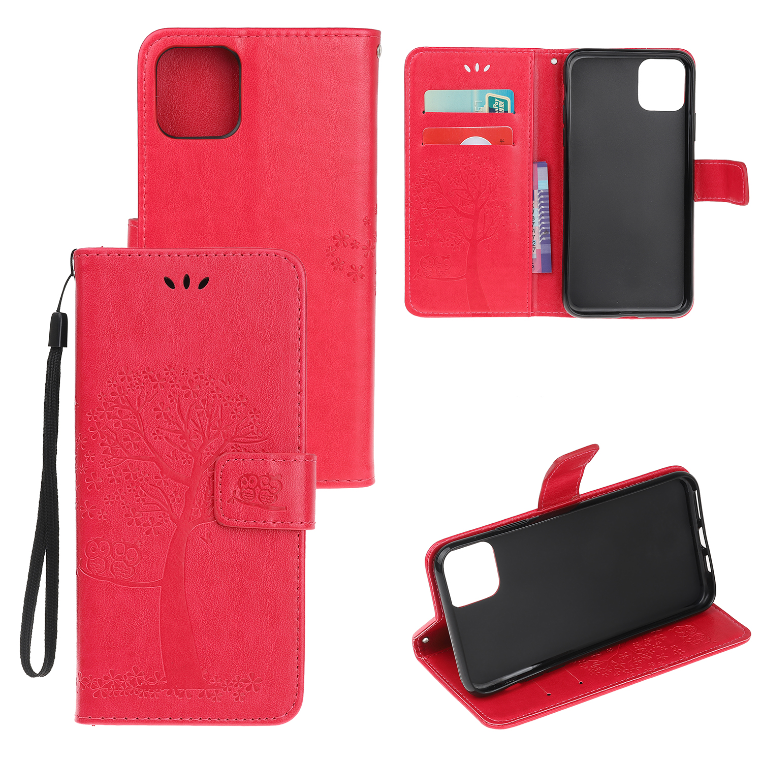 

Imprint Tree Owl Leather Wallet Cell Phone Case for iPhone 12 Pro Max 6.7 inch - Red, iPhone 12 Pro Max