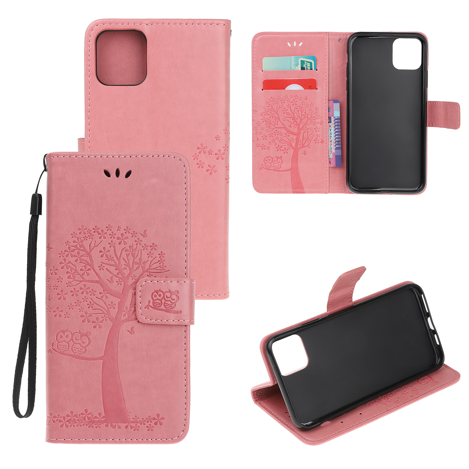 

Imprint Tree Owl Leather Wallet Cell Phone Case for iPhone 12 Pro Max 6.7 inch - Pink, iPhone 12 Pro Max