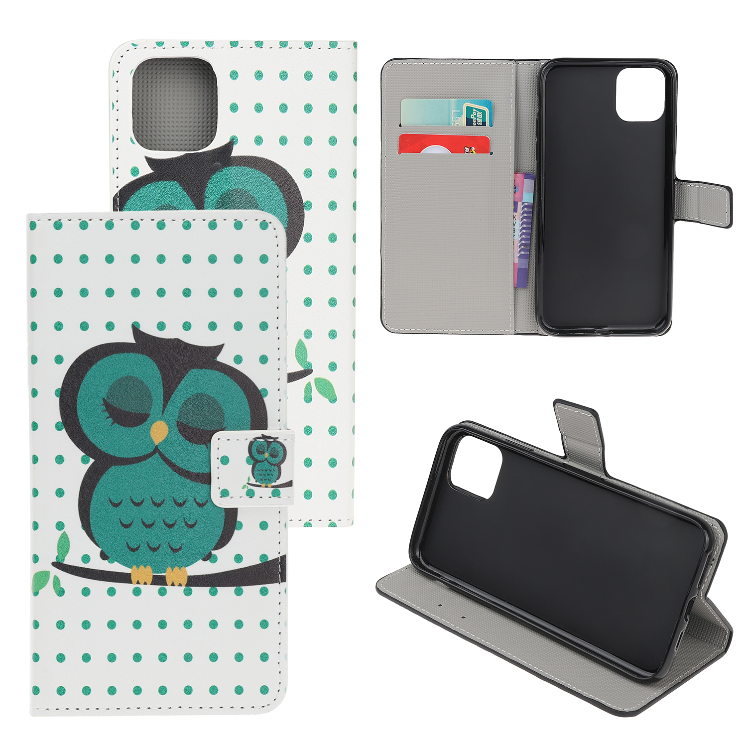 

Pattern Printing PU Leather Wallet Stand Phone Cover for iPhone 12 Pro 6.1 inch - Cute Green Owls, iPhone 12 Pro