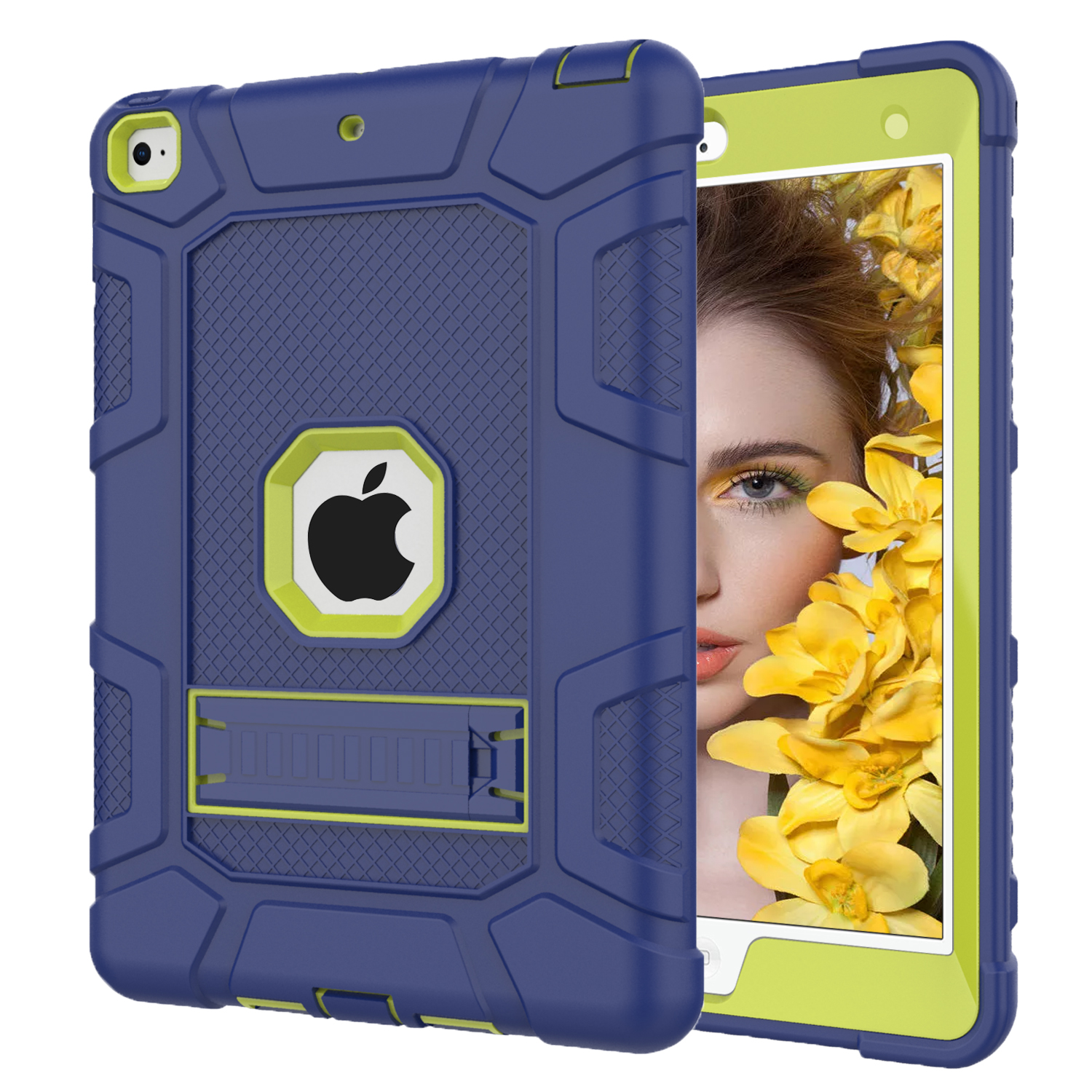 

Удароженным Антипылевым Отрывом 2-в-1 Защитный TPU + PC Kickstand Tabled Table Для Для IPad 9,7-дюймовый (2017) (2018) - Синий / Желтый, iPad 9.7-inch (2017)