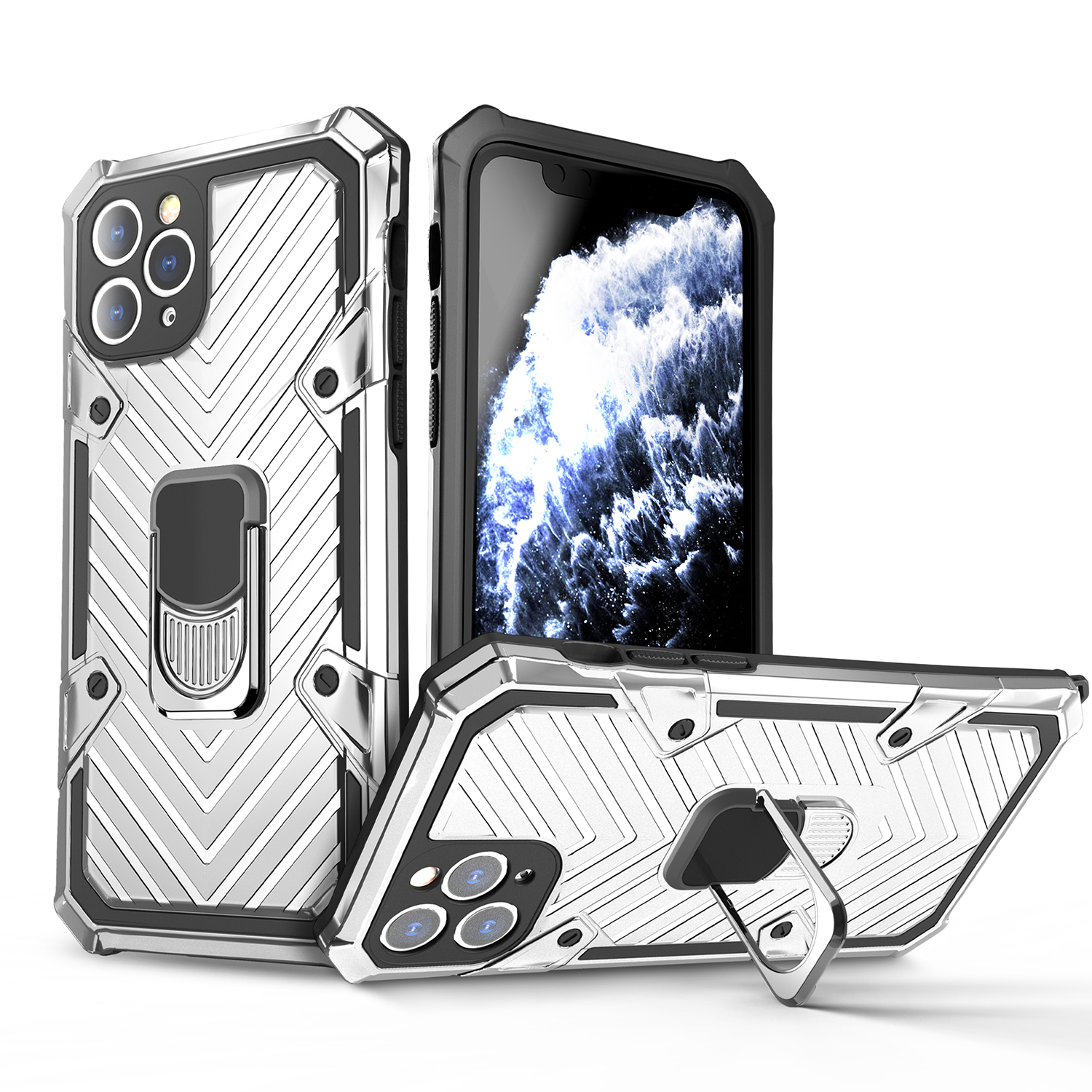 

Rotatuble Finger Rig Kickstand PC + TPU Гибридный Задний Чехол Для IPhone 11 Pro Max 6,5 Дюйма - Серебро, iPhone 11 Pro Max 6.5 inch