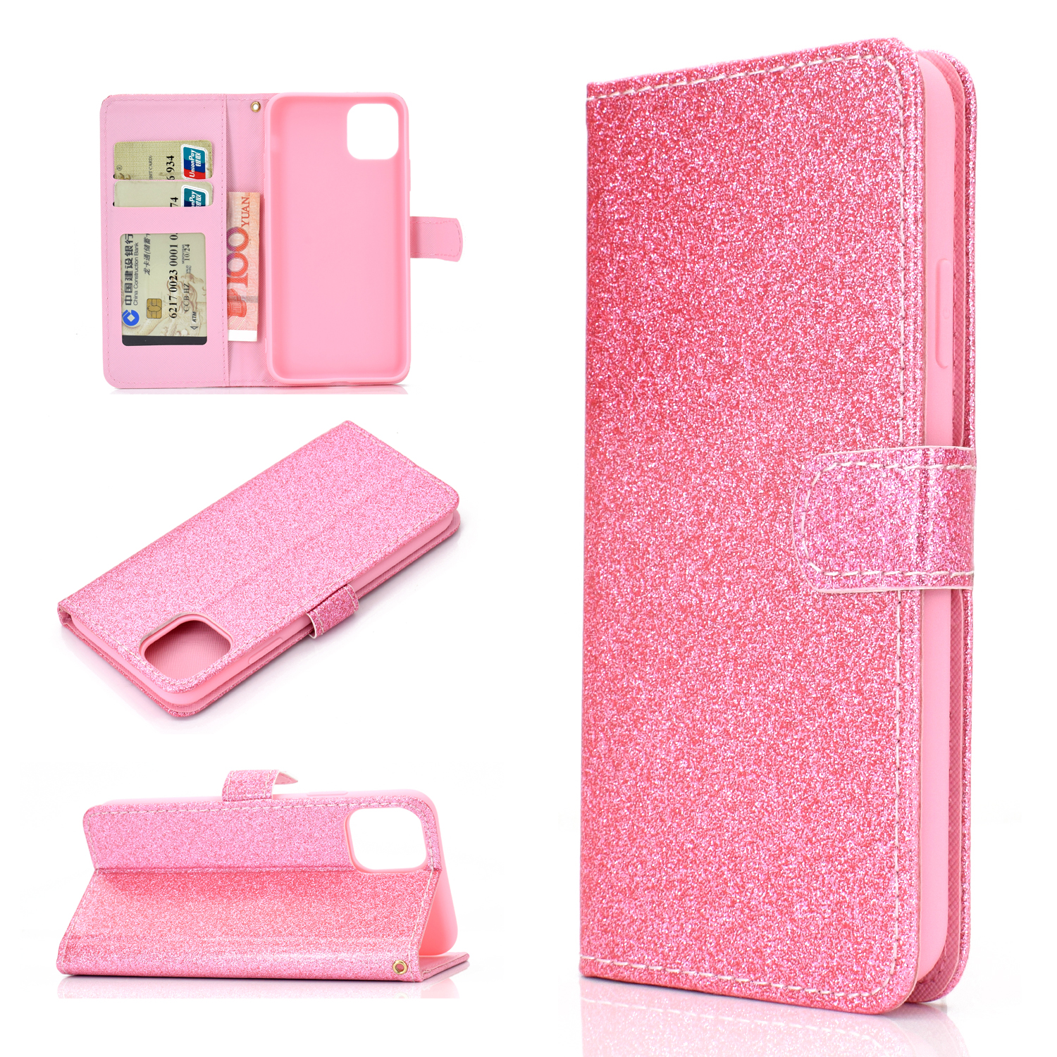 

Flash Powder Wallet Leather Stand Case for iPhone 12 mini - Pink, iPhone 12 mini