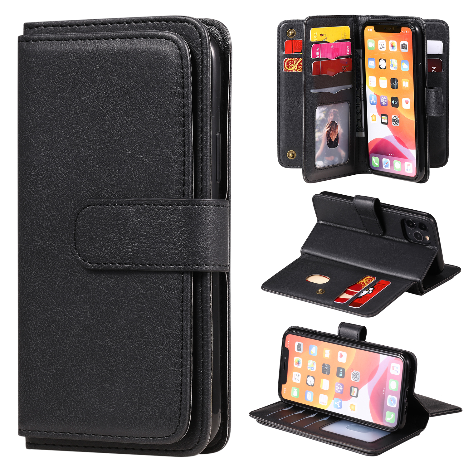 

Multi-function 10 Card Slots Wallet TPU+PU Leather Phone Cover for iPhone 11 Pro 5.8 inch - Black, iPhone 11 Pro 5.8 inch