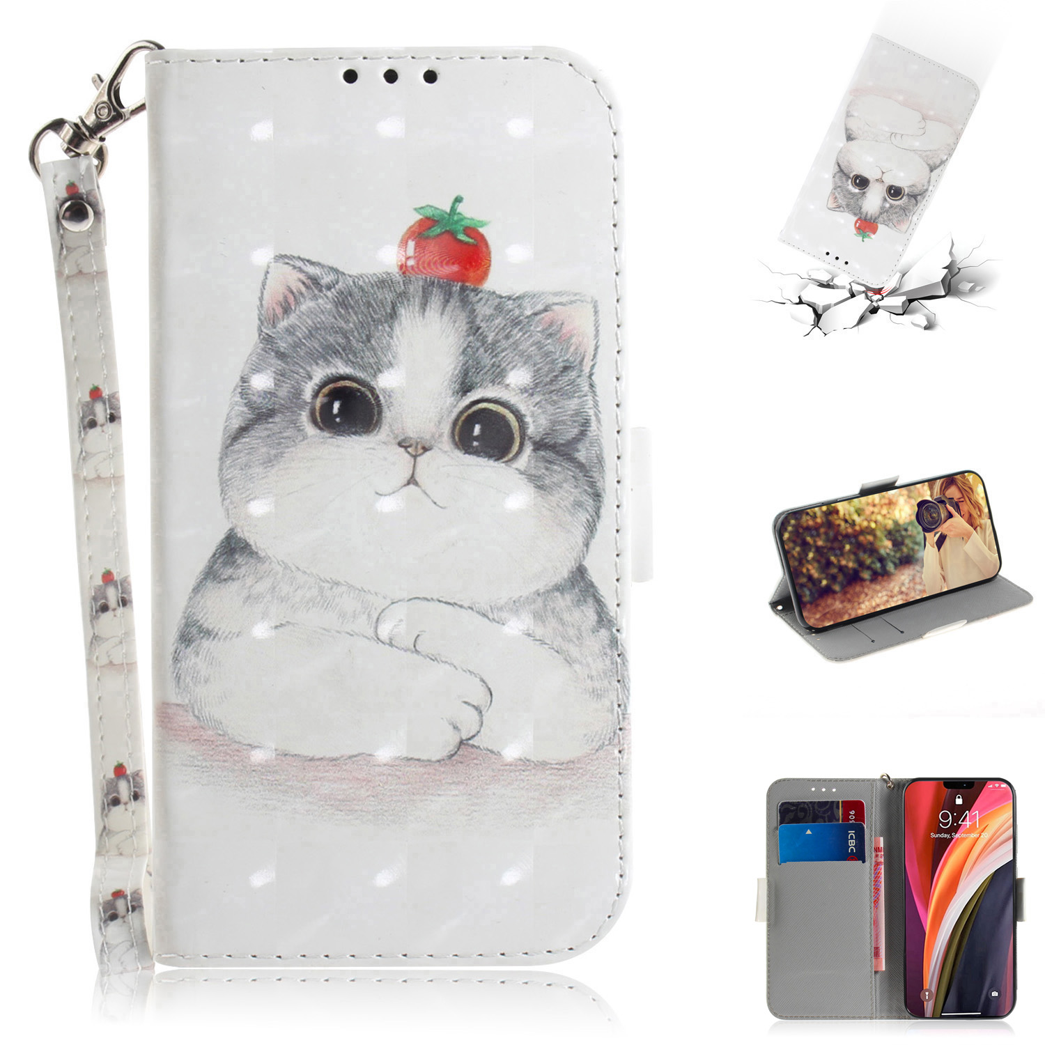 

Light Spot Decor Pattern Printing Leather Shell for iPhone 12 Pro Max 6.7 inch - Cute Cat, iPhone 12 Pro Max