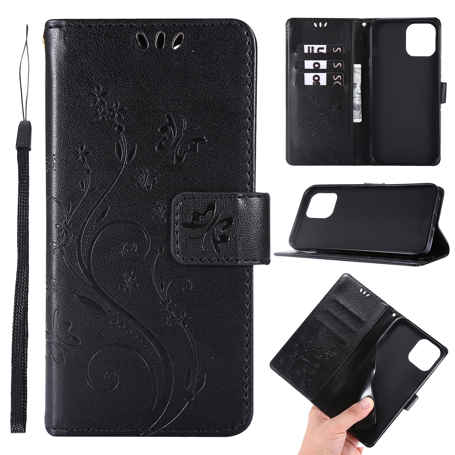 

Imprint Butterfly Flower Cover Leather Wallet Case for iPhone 12 Pro Max 6.7-inch - Black, iPhone 12 Pro Max