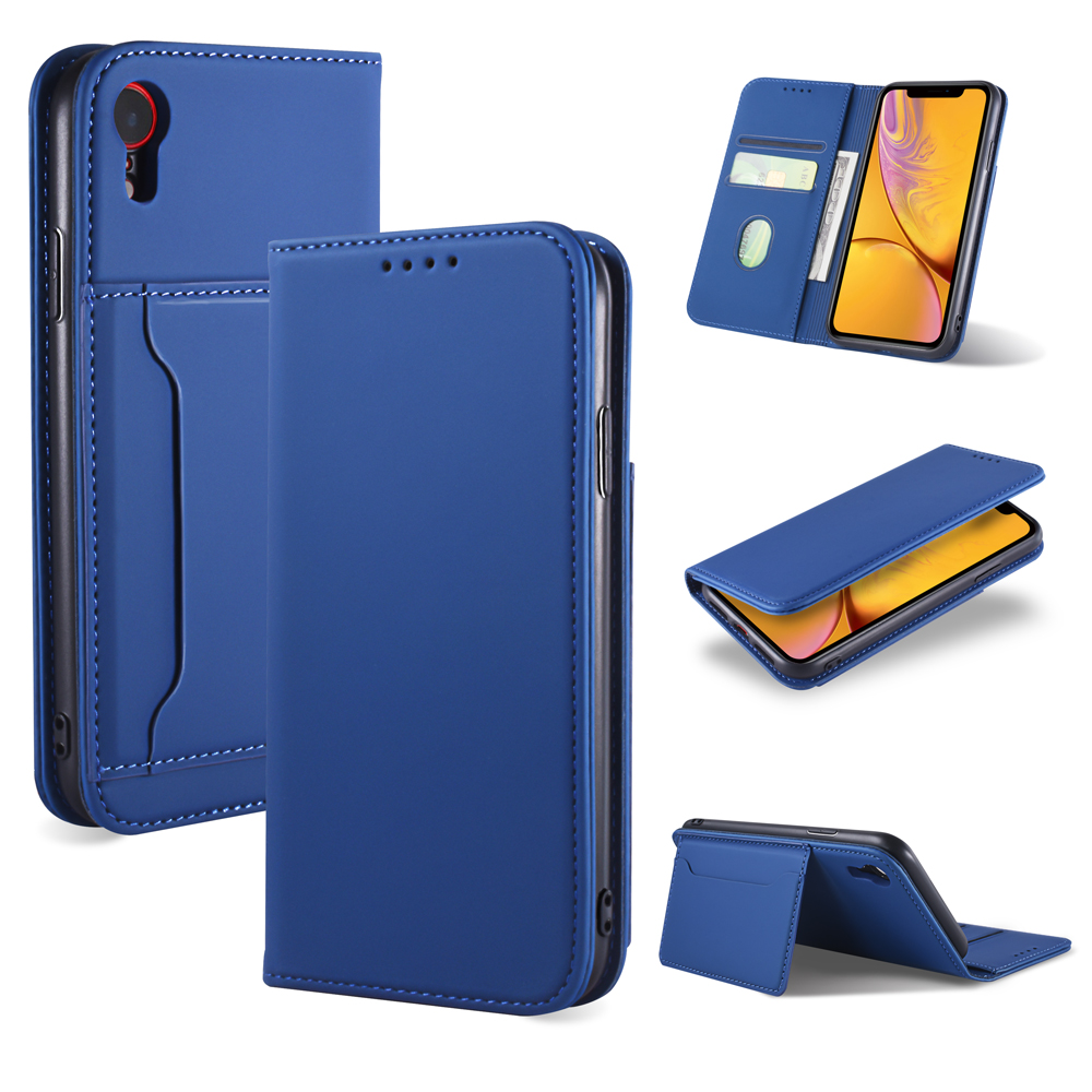 

Liquid Silicone Touch Leather Wallet Stand Shell for iPhone XR 6.1 inch - Blue, iPhone XR 6.1 inch