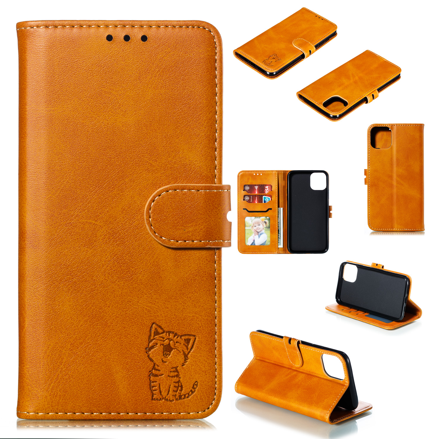 

Imprint Happy Cat PU Leather Wallet Stand Phone Cover for iPhone 12 Pro/12 - Brown, iPhone 12