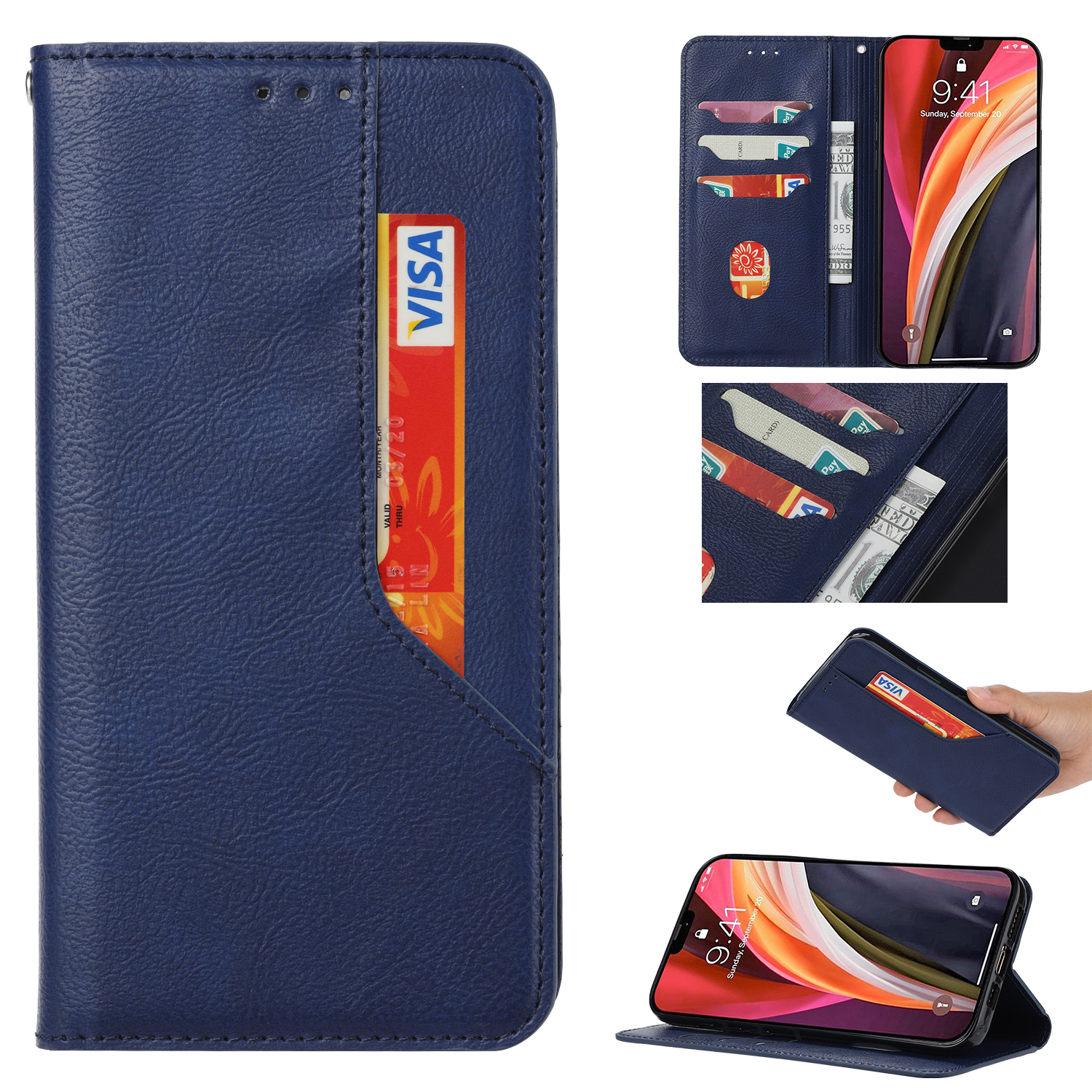 

Auto-absorbed Leather Wallet Stand Case for iPhone 12 mini - Blue, iPhone 12 mini