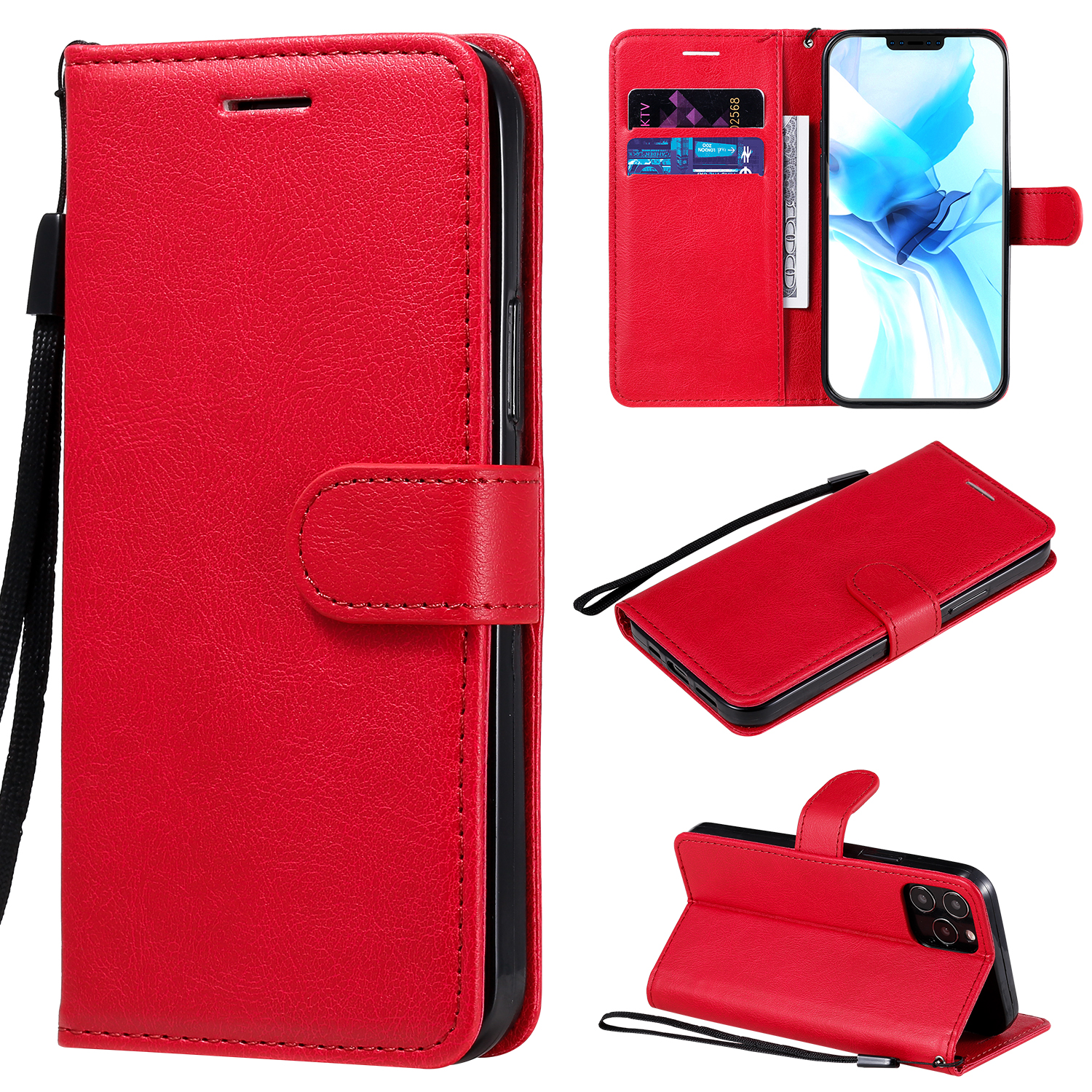 

Solid Color Wallet Stand Leather Case with Strap for iPhone 12 Pro 6.1 inch - Red, iPhone 12 Pro