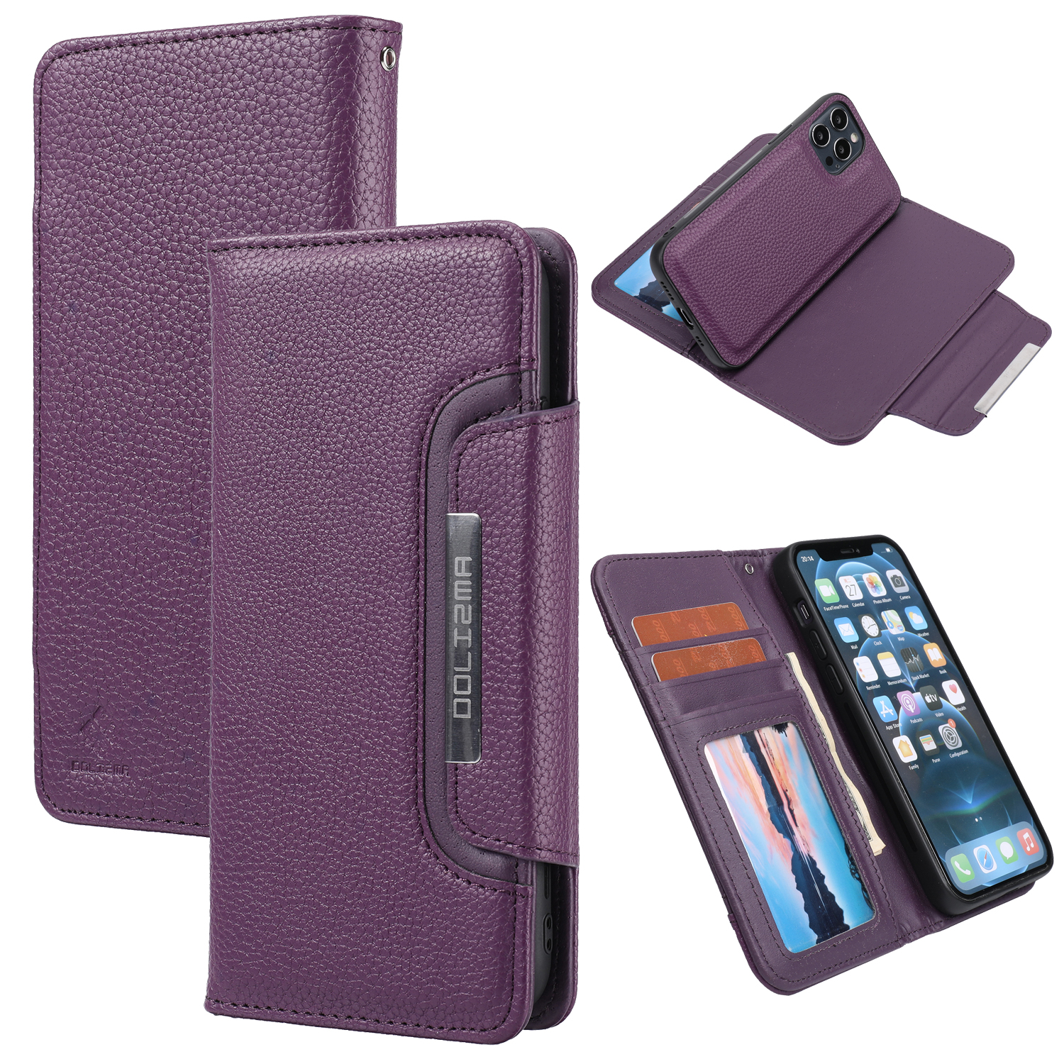 

Detachable 2-in-1 Magnetic Litchi Texture Leather Cover for iPhone 12 Pro/12 - Purple, iPhone 12