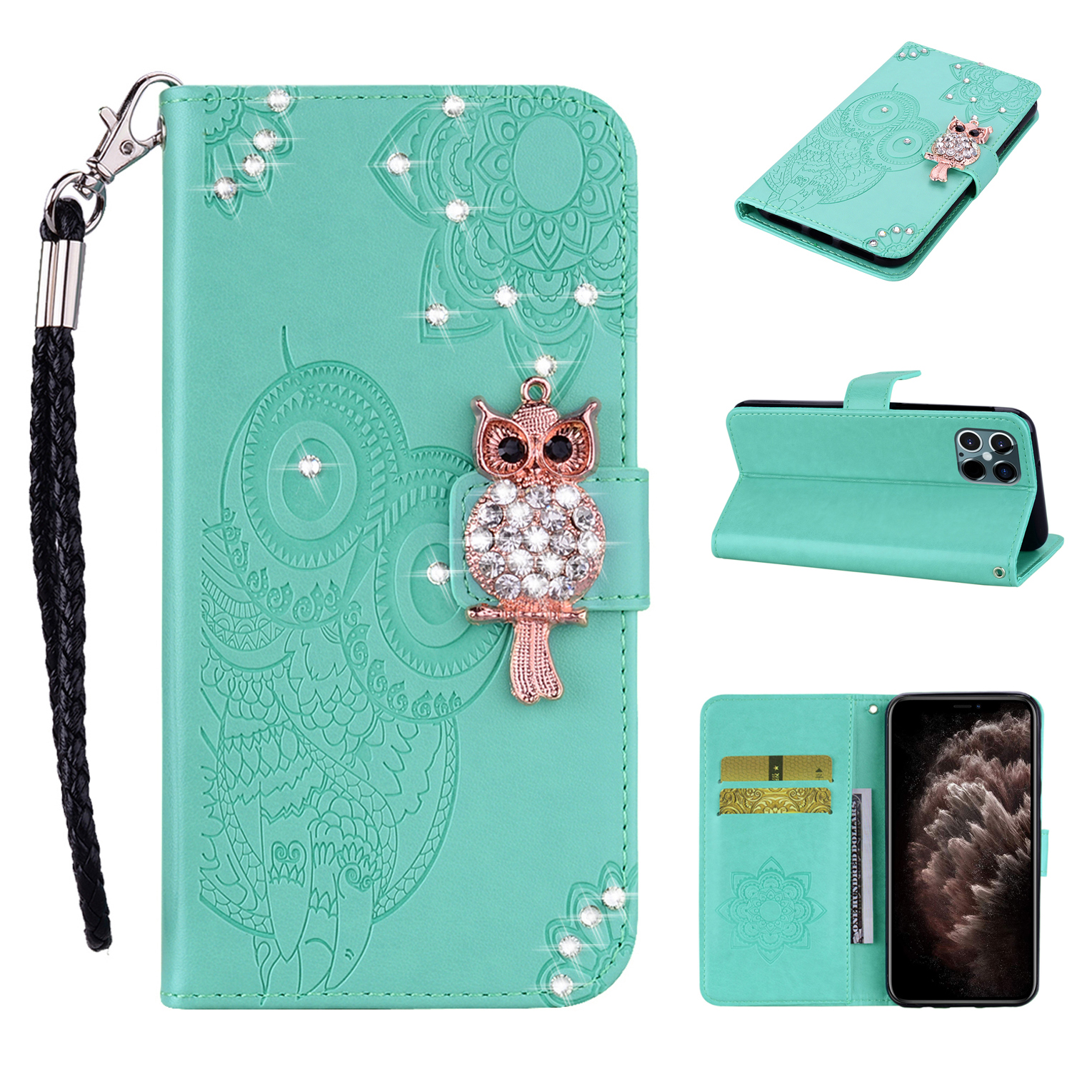 

Owl Imprint Rhinestone Decor Leather Phone Case for iPhone 12 Pro Max 6.7 inch - Green, iPhone 12 Pro Max