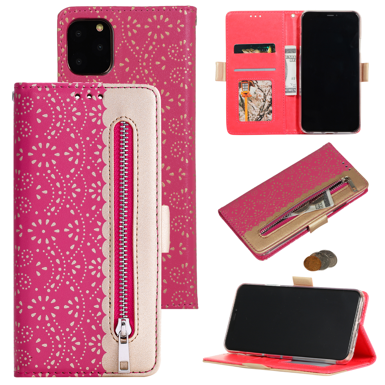 

Lace Flower Pattern Zipper Pocket Leather Wallet Phone Cover for iPhone 12 Pro Max 6.7 inch - Rose, iPhone 12 Pro Max