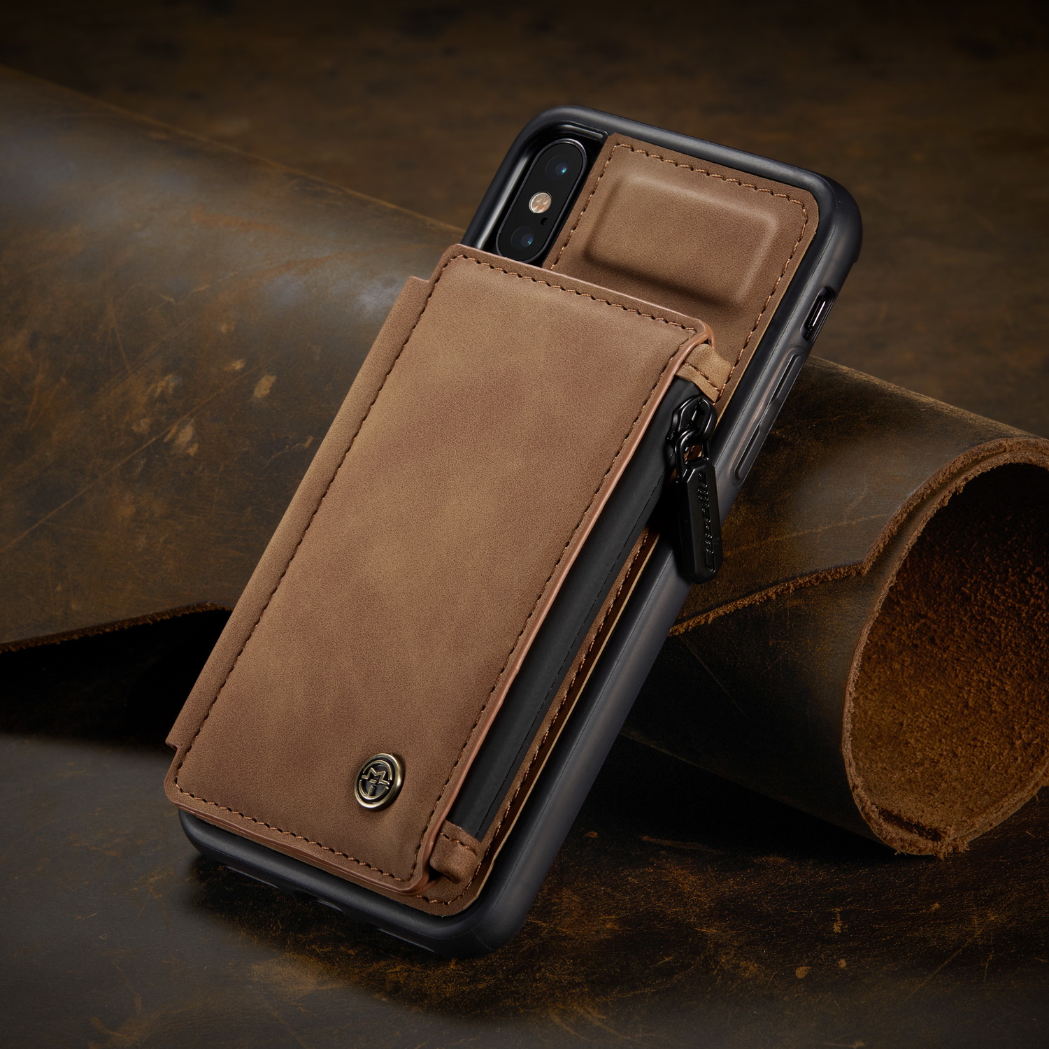 

CASEME C20 Zipper Pocket Card Slots PU Leather Coated TPU Back Case for iPhone X/XS 5.8 inch - Brown, iPhone X