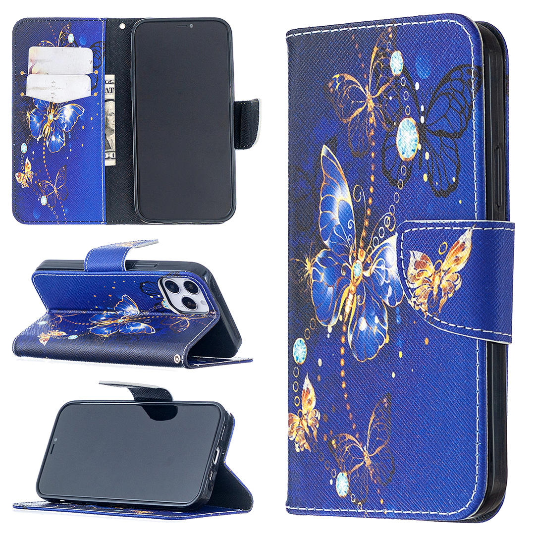 

Pattern Printing Wallet Leather Protective Case for iPhone 12 Pro/12 - Dark Blue Butterfly, iPhone 12 Pro