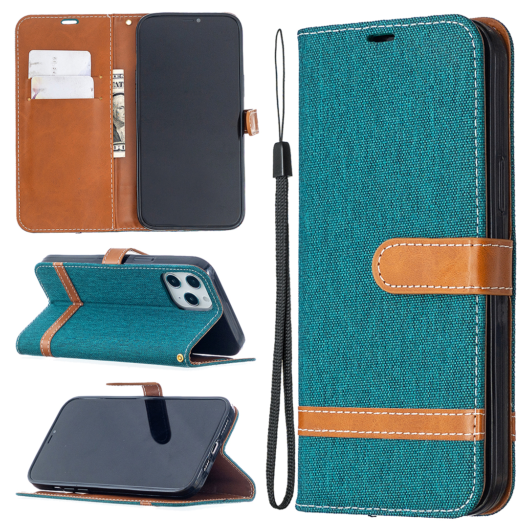 

Solid Color Jeans Cloth Texture Leather with Wallet Case for iPhone 12 Pro Max 6.7 inch - Green, iPhone 12 Pro Max