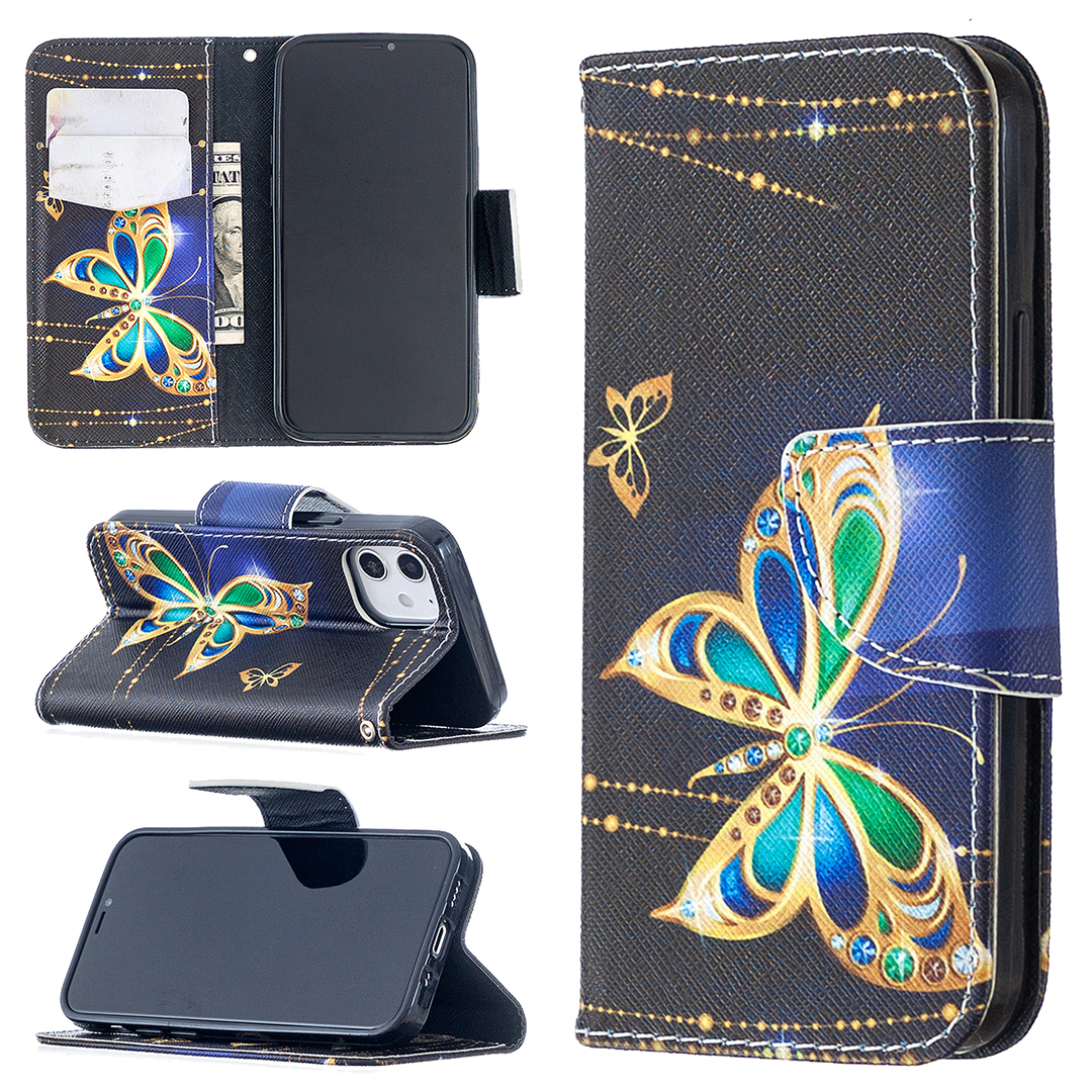 

Pattern Printing Case Wallet Stand Leather Shell Protector for iPhone 12 mini - Crystal Butterflies, iPhone 12 mini