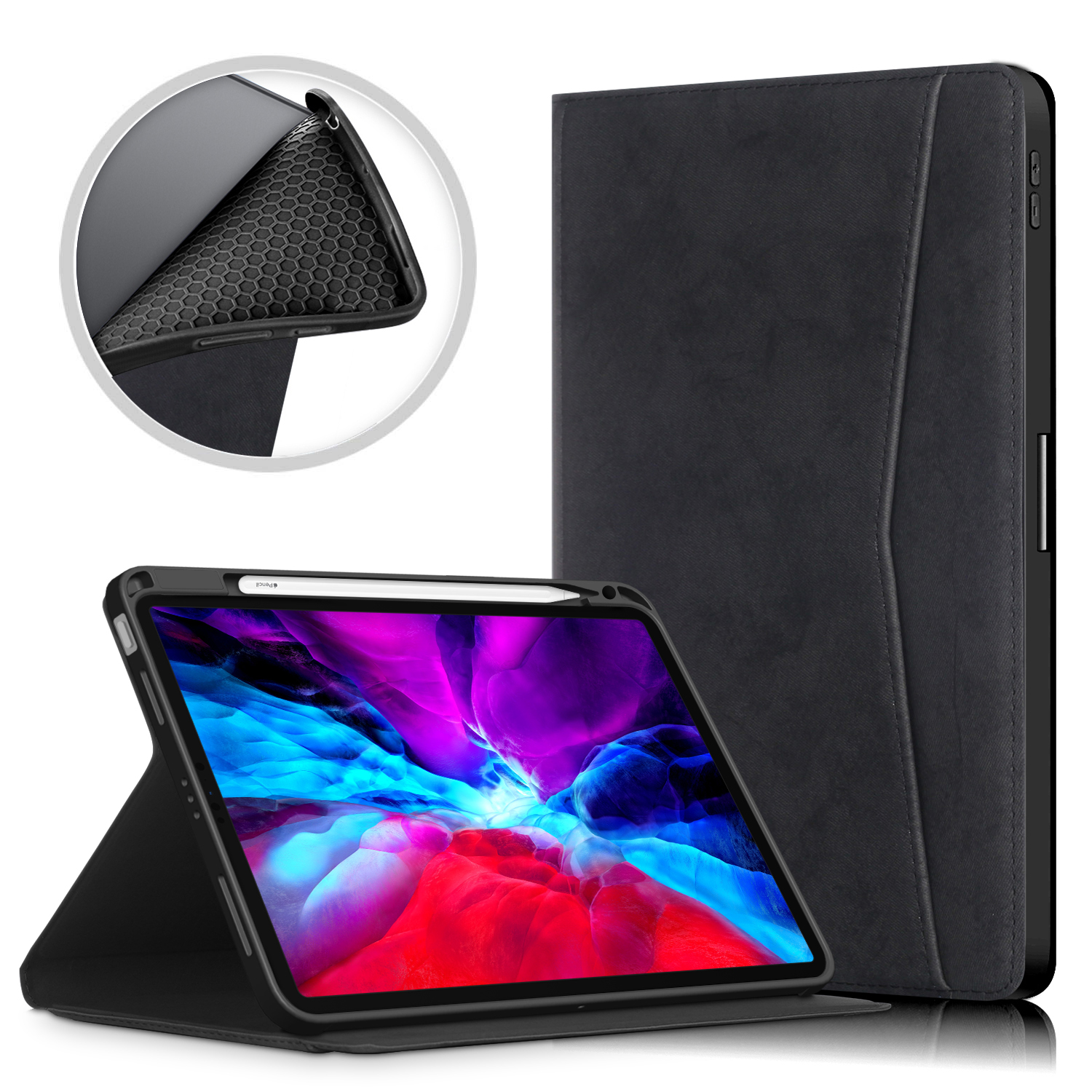 

Front Pocket Stand PU Leather Case Tablet Cover with Pen Slot for iPad Air (2020)/Air (2022) - Black, iPad Air (2020)