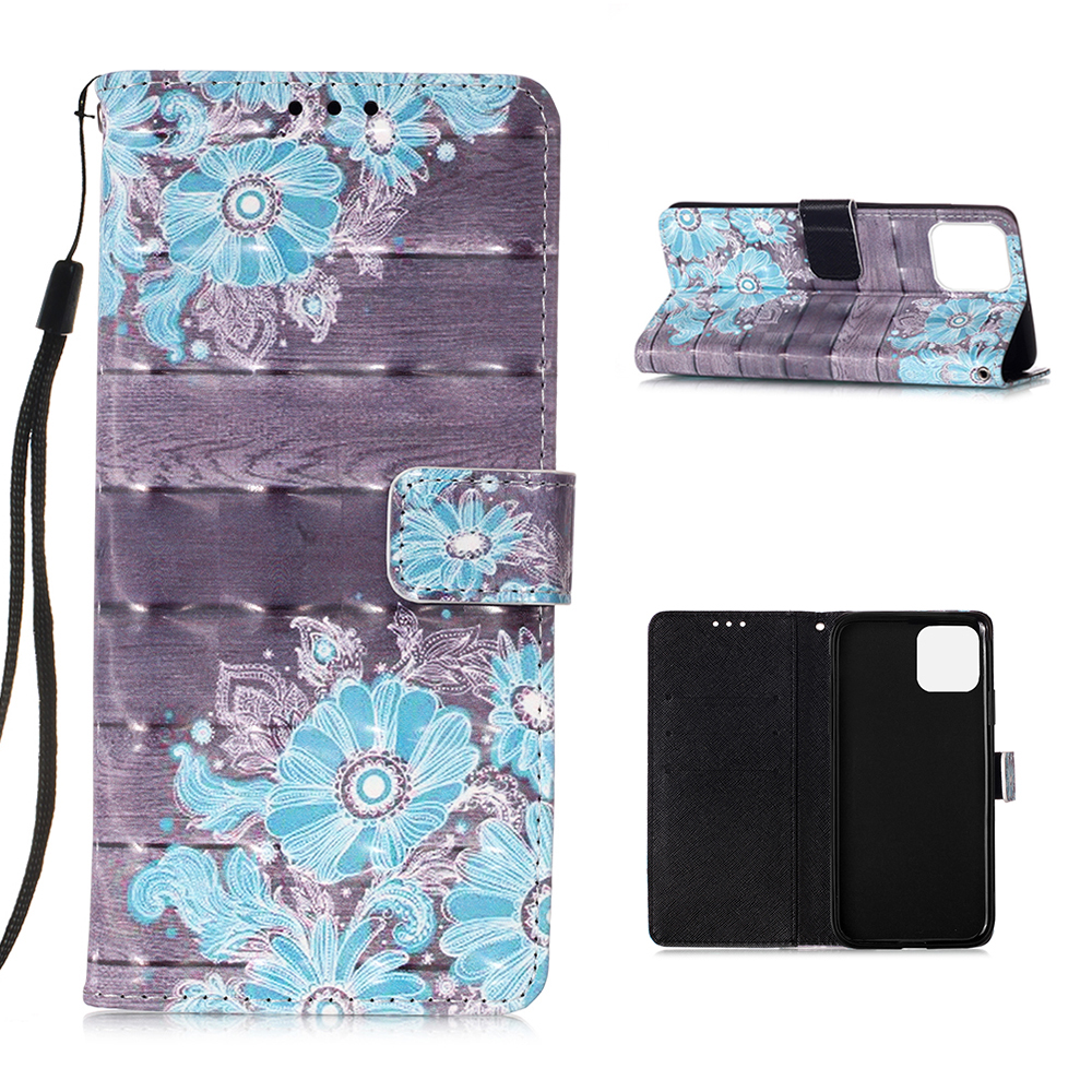 

Pattern Printing PU Leather Cover Wallet Phone Case with Strap for iPhone 12 mini - Blue Flower, iPhone 12 mini