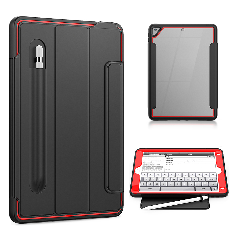 

Tri-fold PU Leather+Acrylic+PC+TPU Tablet Unique Cover for iPad 9.7-inch (2018)/(2017)/iPad Air (2013) - Black/Red, iPad 9.7-inch (2018)