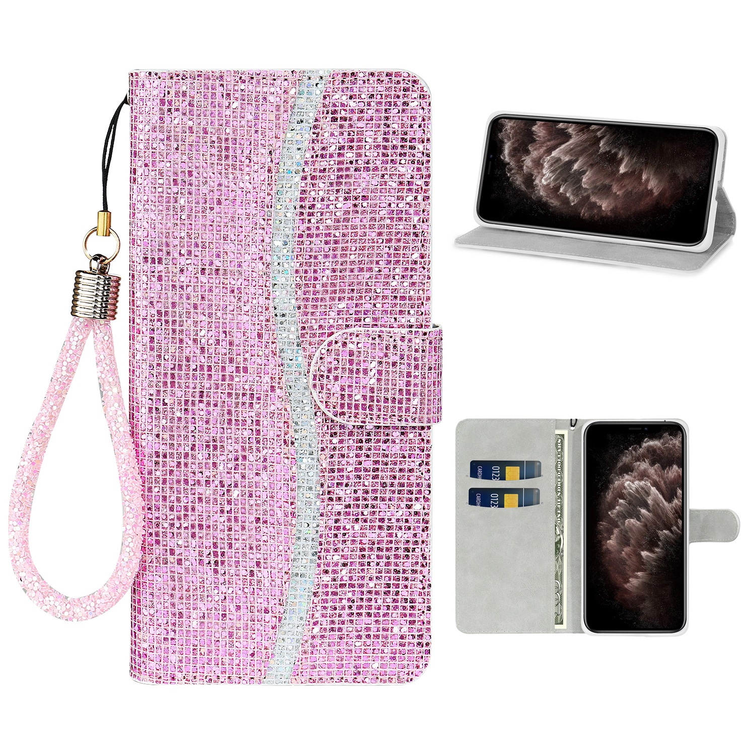 

Glittery Powder Splicing Wallet Stand Leather Phone Cover for iPhone 12 Pro Max 6.7 inch - Rose Gold, iPhone 12 Pro Max