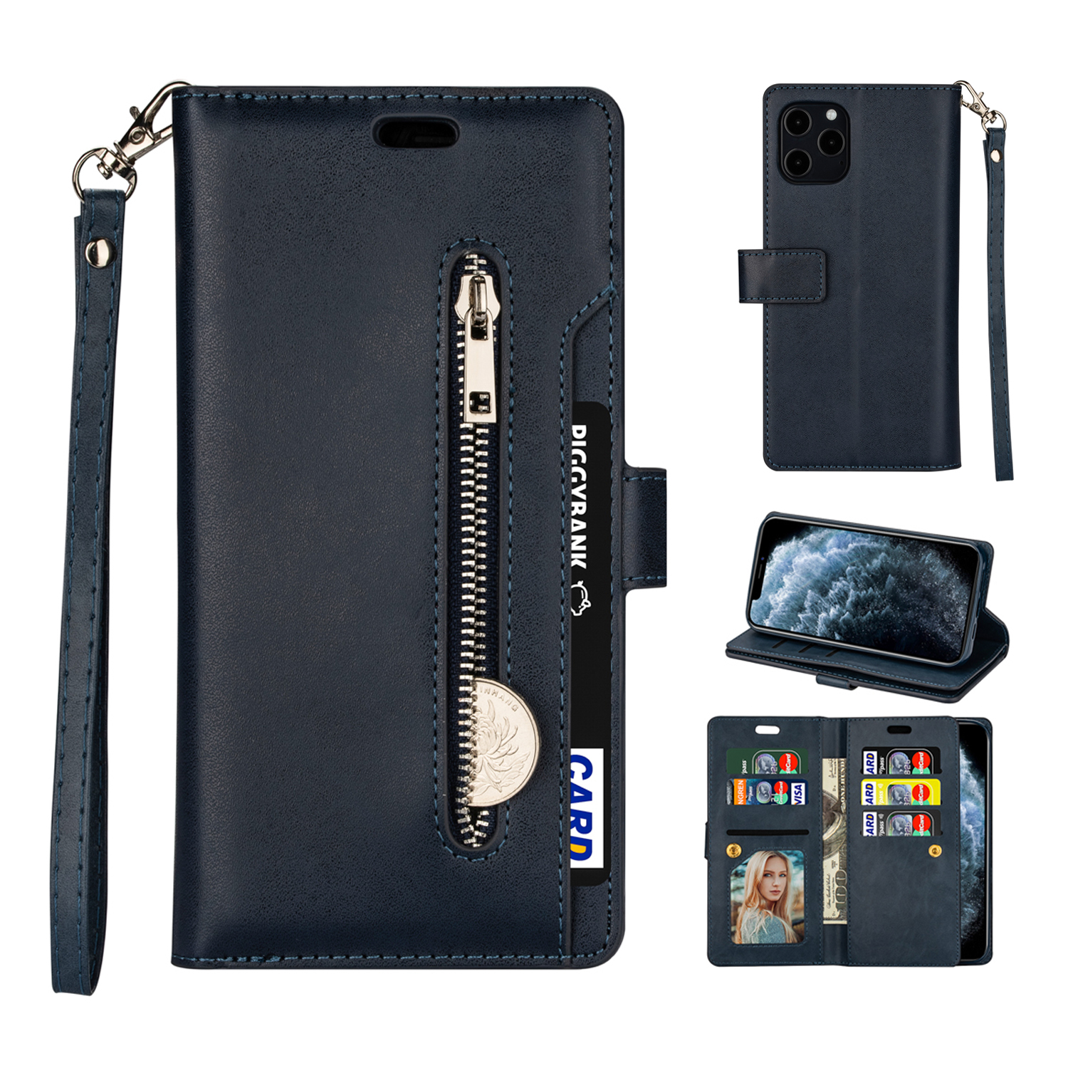 

Zippered Multi-slot with Wallet Leather Cover for iPhone 12 Pro Max 6.7 inch - Dark Blue, iPhone 12 Pro Max