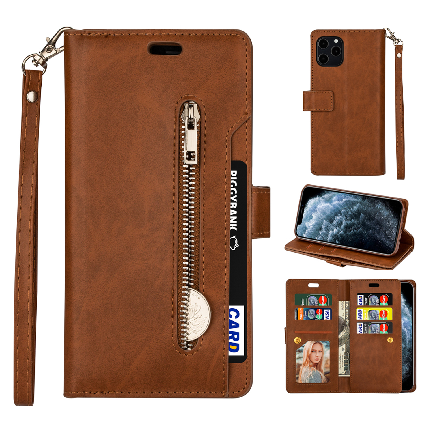 

Zippered Multi-slot with Wallet Leather Cover for iPhone 12 Pro Max 6.7 inch - Brown, iPhone 12 Pro Max