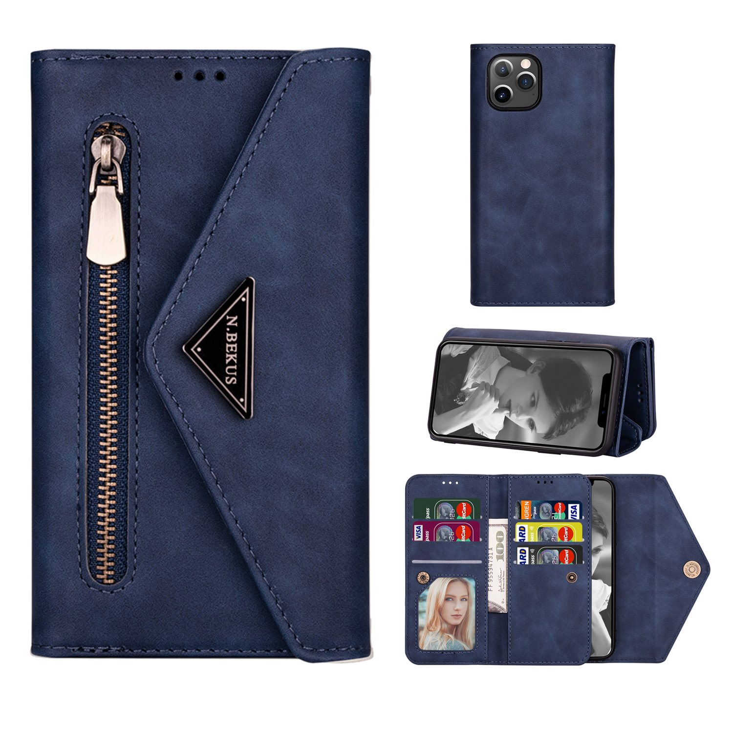 

Leather Cover with Zipper Strap for iPhone 12 Pro/12 - Dark Blue, iPhone 12