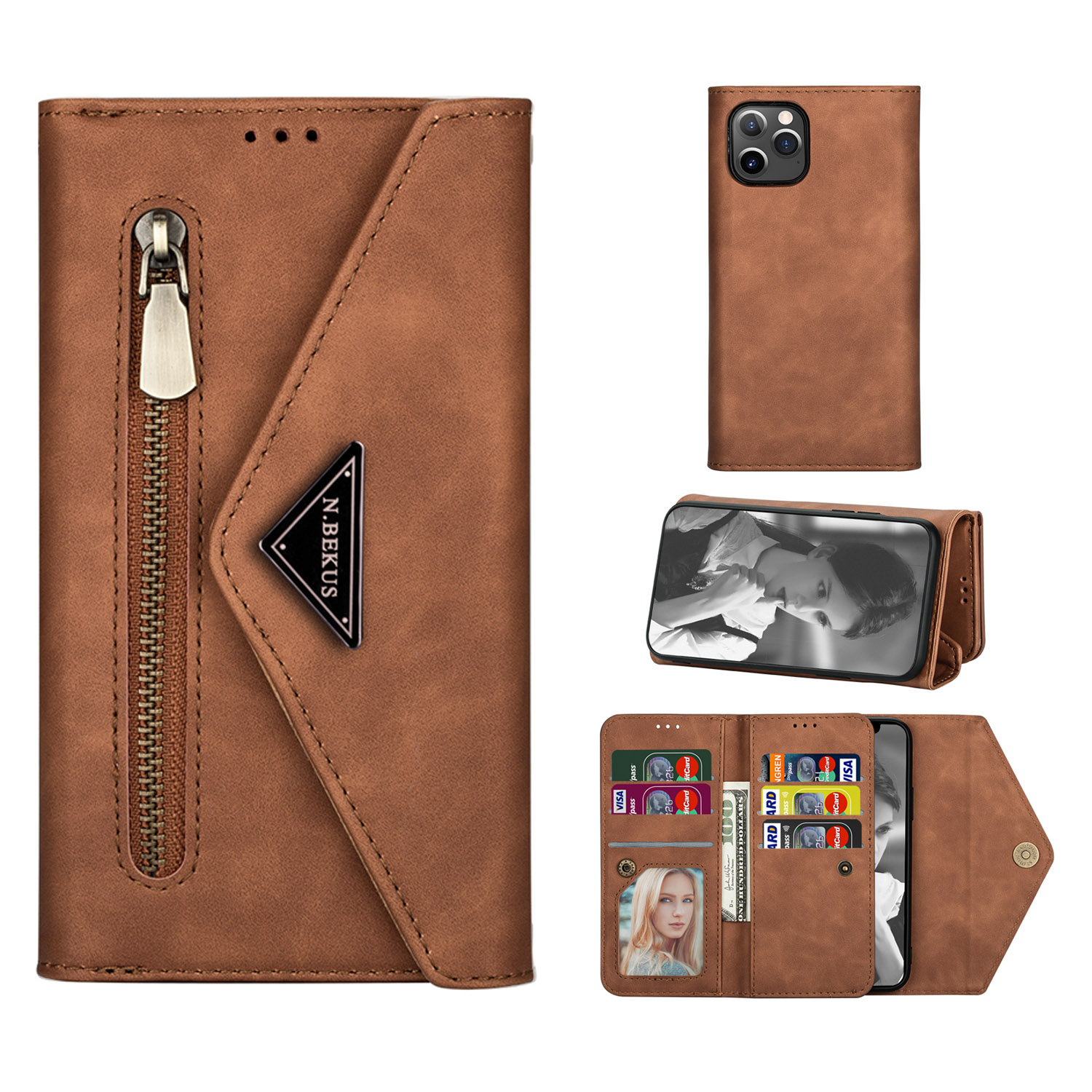 

Short/Long Strap Leather Shell Zipper Cover for iPhone 12 Pro Max 6.7 inch - Brown, iPhone 12 Pro Max