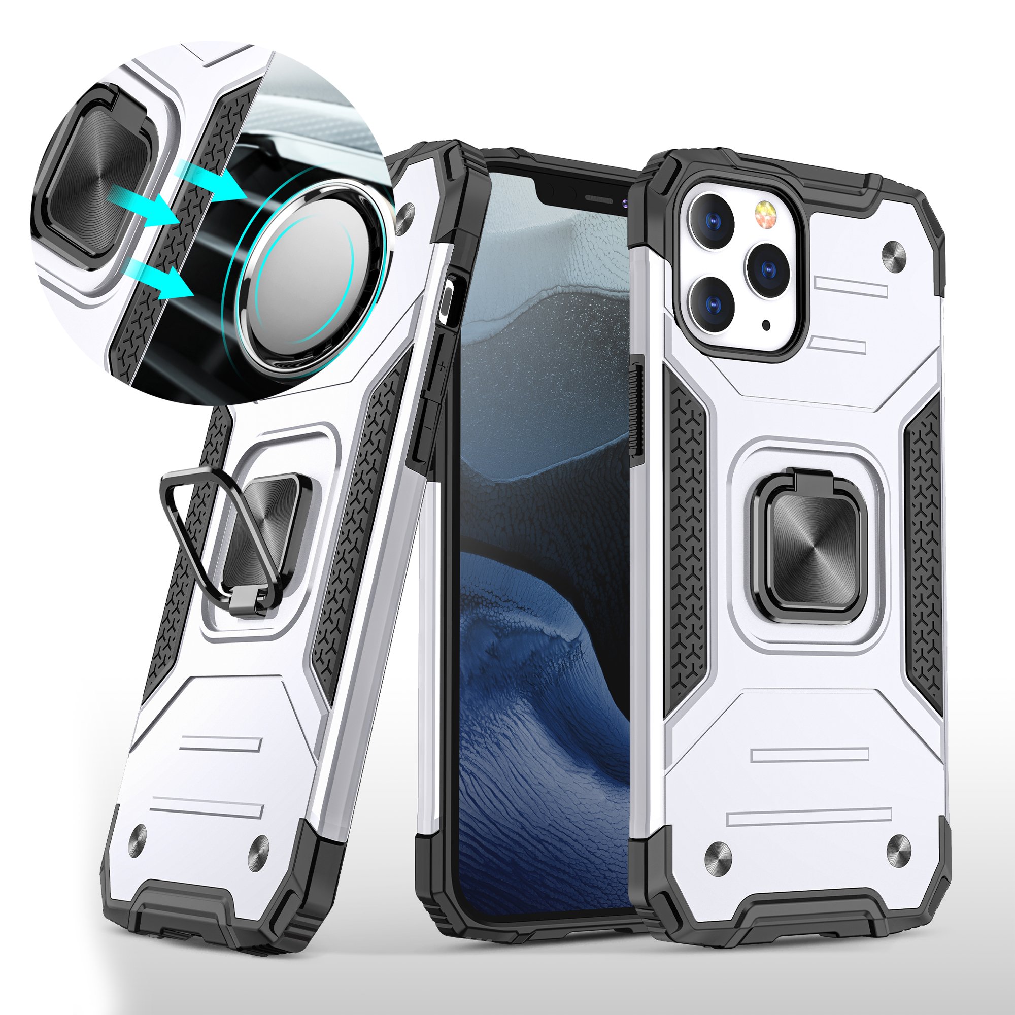 

Съемный 2-в-1 Armor Armor Kickstand TPU + PC Shell С Металлическим Листом Для IPhone 12 Pro Max - Серебро, iPhone 12 Pro Max