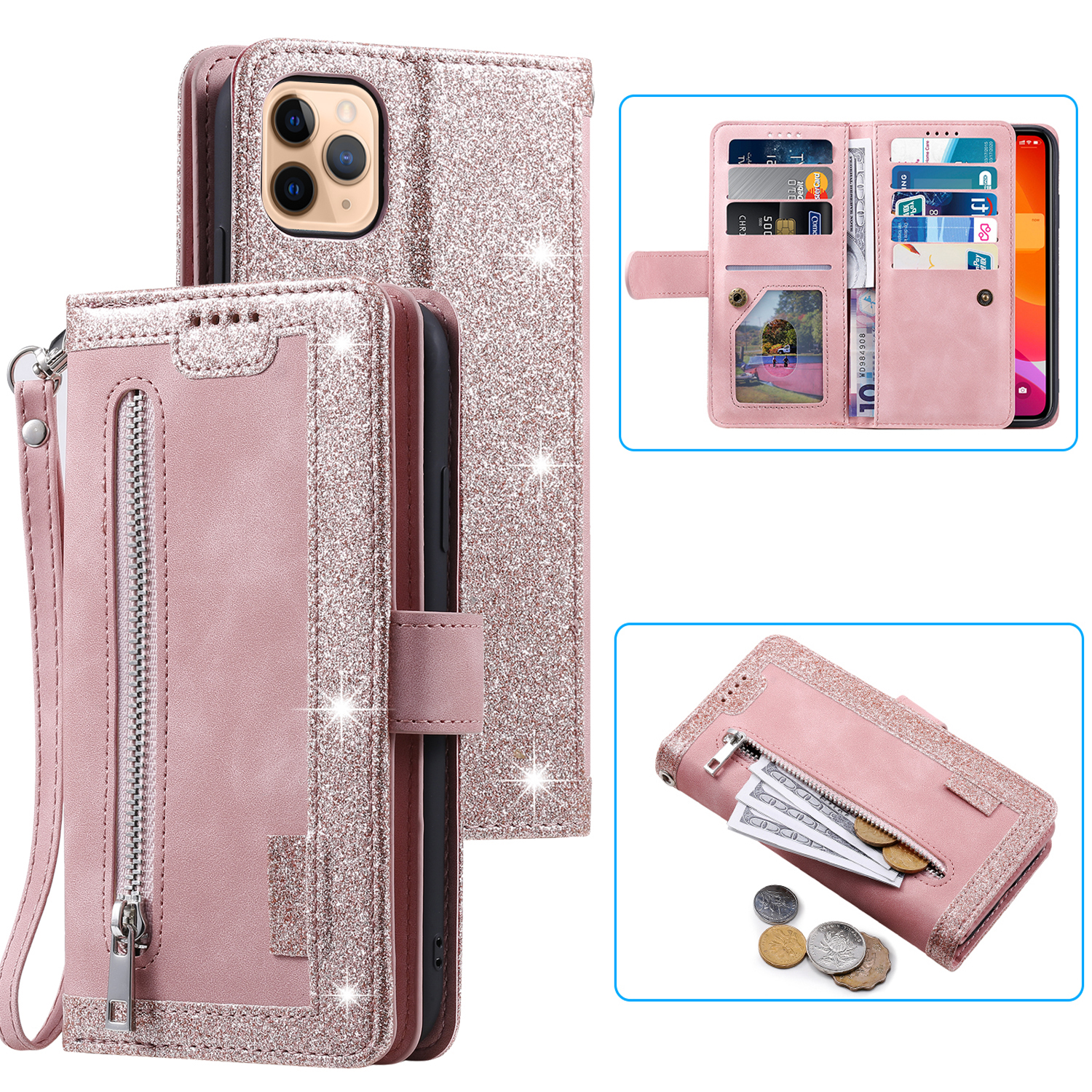 

Кожаный Кошелек На Молнии Карманные 9 Слотов Для Карты CARD Для IPhone 12 Pro Max 6,7 Дюйма - Розовое Золото, iPhone 12 Pro Max