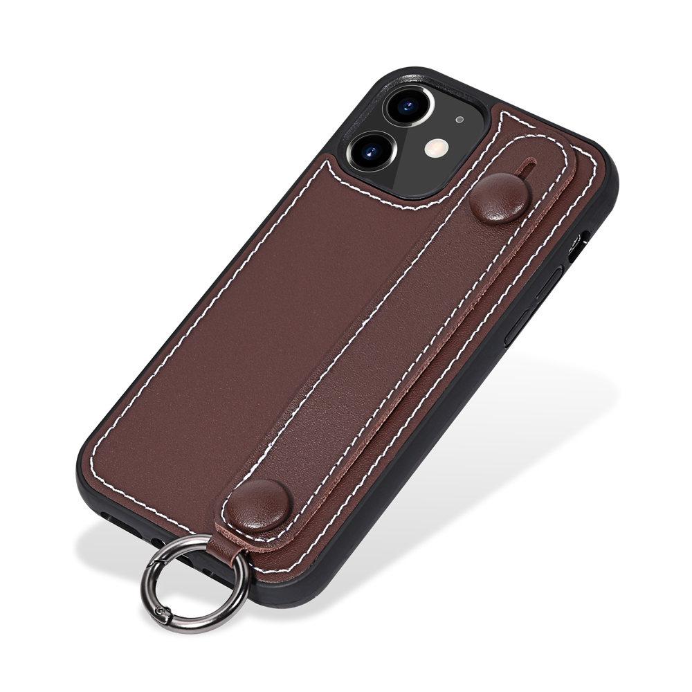

TPU+Genuine Leather Phone Case Shell with Strap Kickstand for iPhone 12 mini 5.4 inch - Coffee, iPhone 12 mini