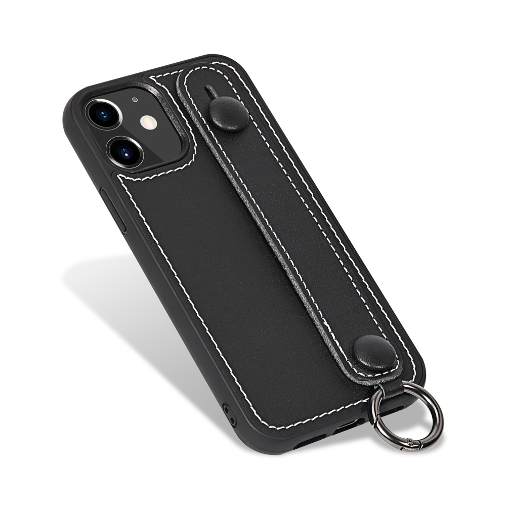 

TPU+Genuine Leather Phone Case Shell with Strap Kickstand for iPhone 12 Pro / iPhone 12 - Black, iPhone 12 Pro