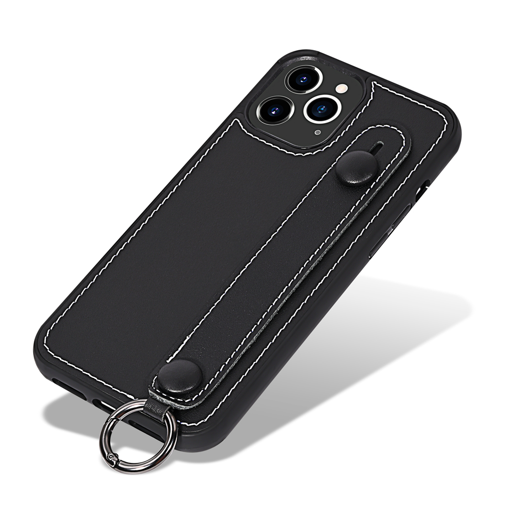 

TPU+Genuine Leather Phone Case Shell with Strap Kickstand for iPhone 12 Pro Max - Black, iPhone 12 Pro Max