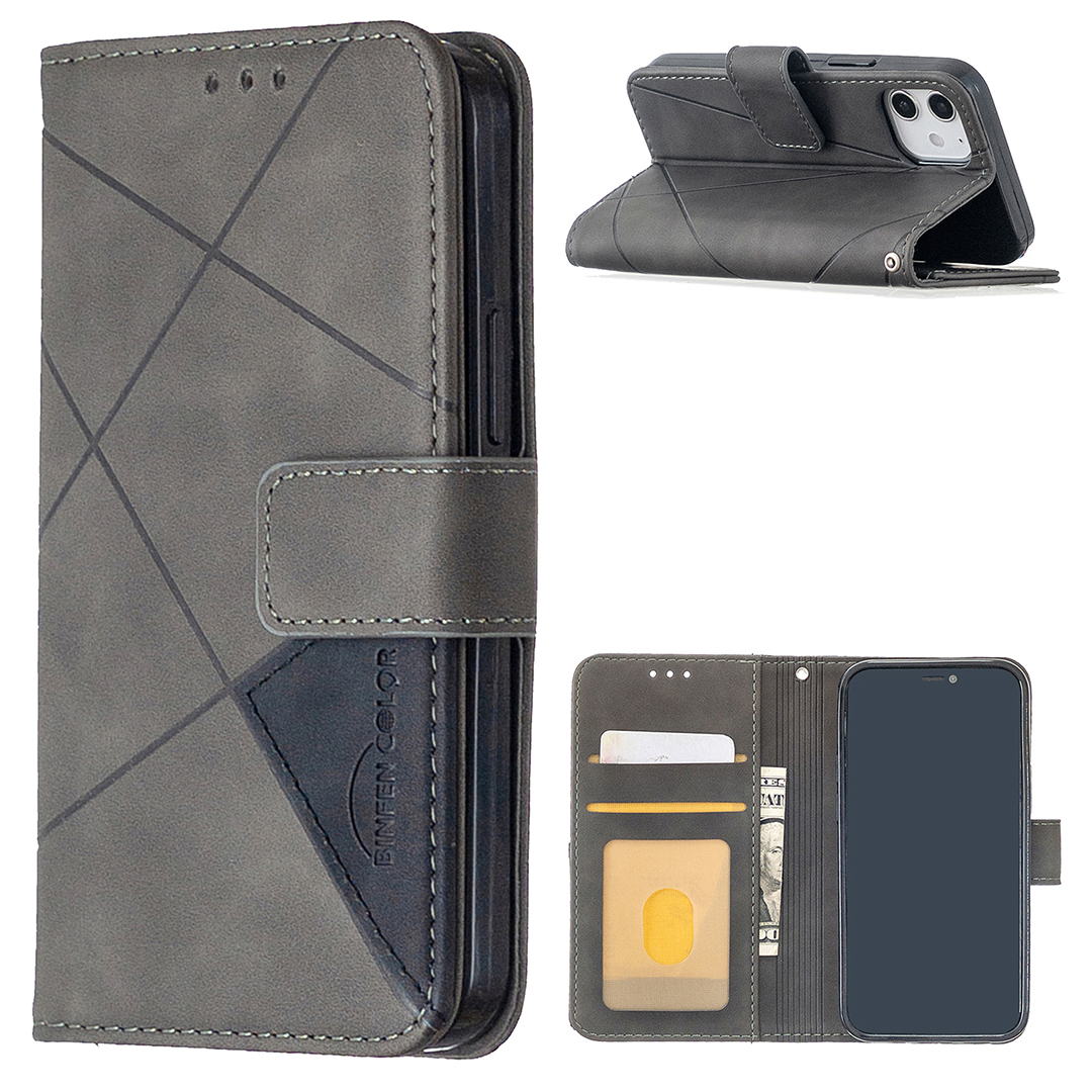 

BF05 Geometric Texture Leather Wallet Stand Case Cover for iPhone 12 Mini - Grey, iPhone 12 mini