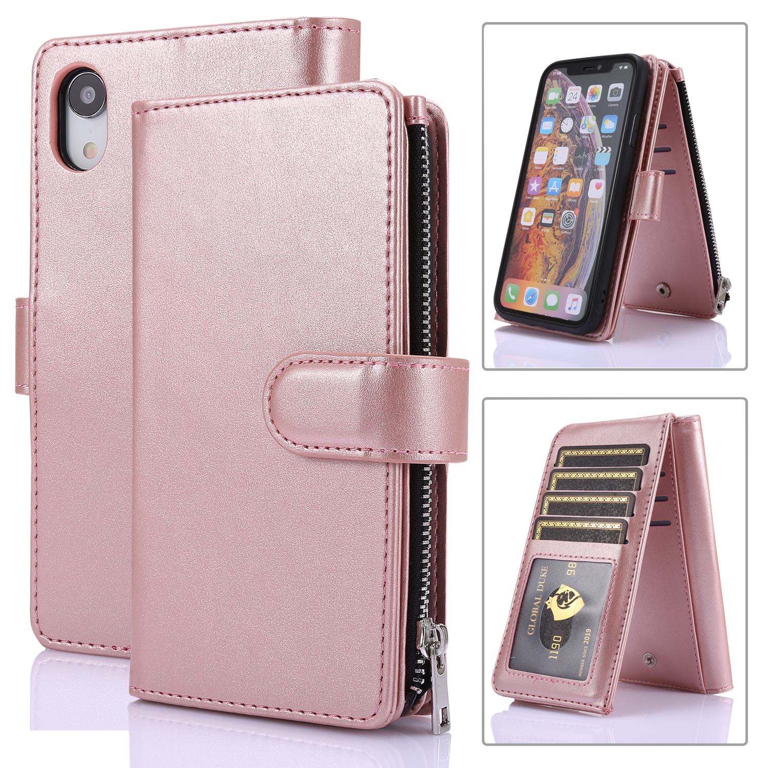 

Crazy Horse Leather Coated TPU Wallet Phone Stand Case with 9 Card Slots Kickstand Shell for iPhone XR 6.1-inch - Rose Gold, iPhone XR 6.1 inch