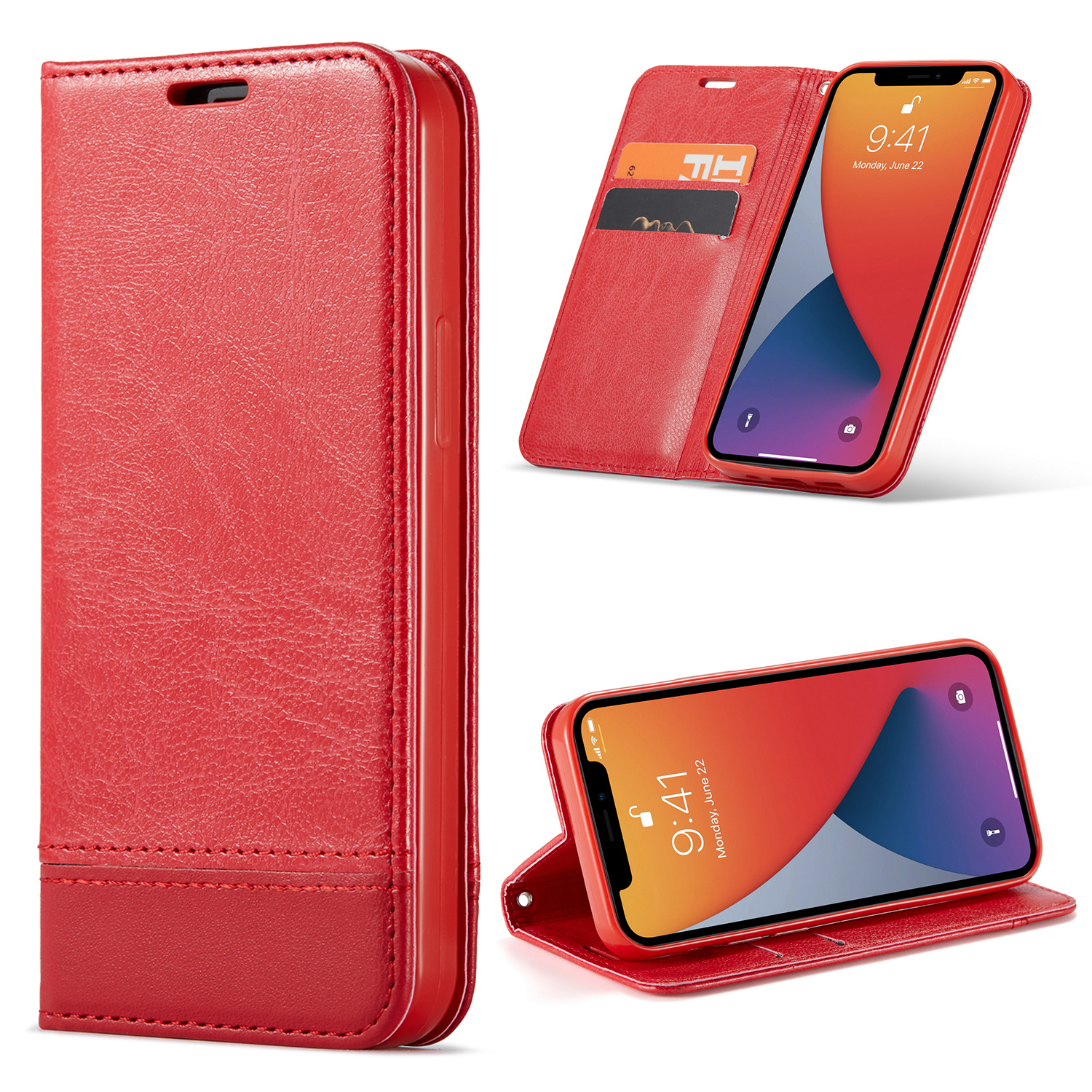 

PU Leather Card Holder Phone Stand Cover with Strap for iPhone 12 Mini - Red, iPhone 12 mini
