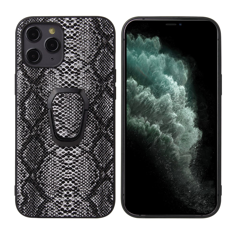

Finger Ring Holder PU Leather Skin TPU + PC Hybrid Phone Case for iPhone 12/12 Pro - Snake Texture, iPhone 12