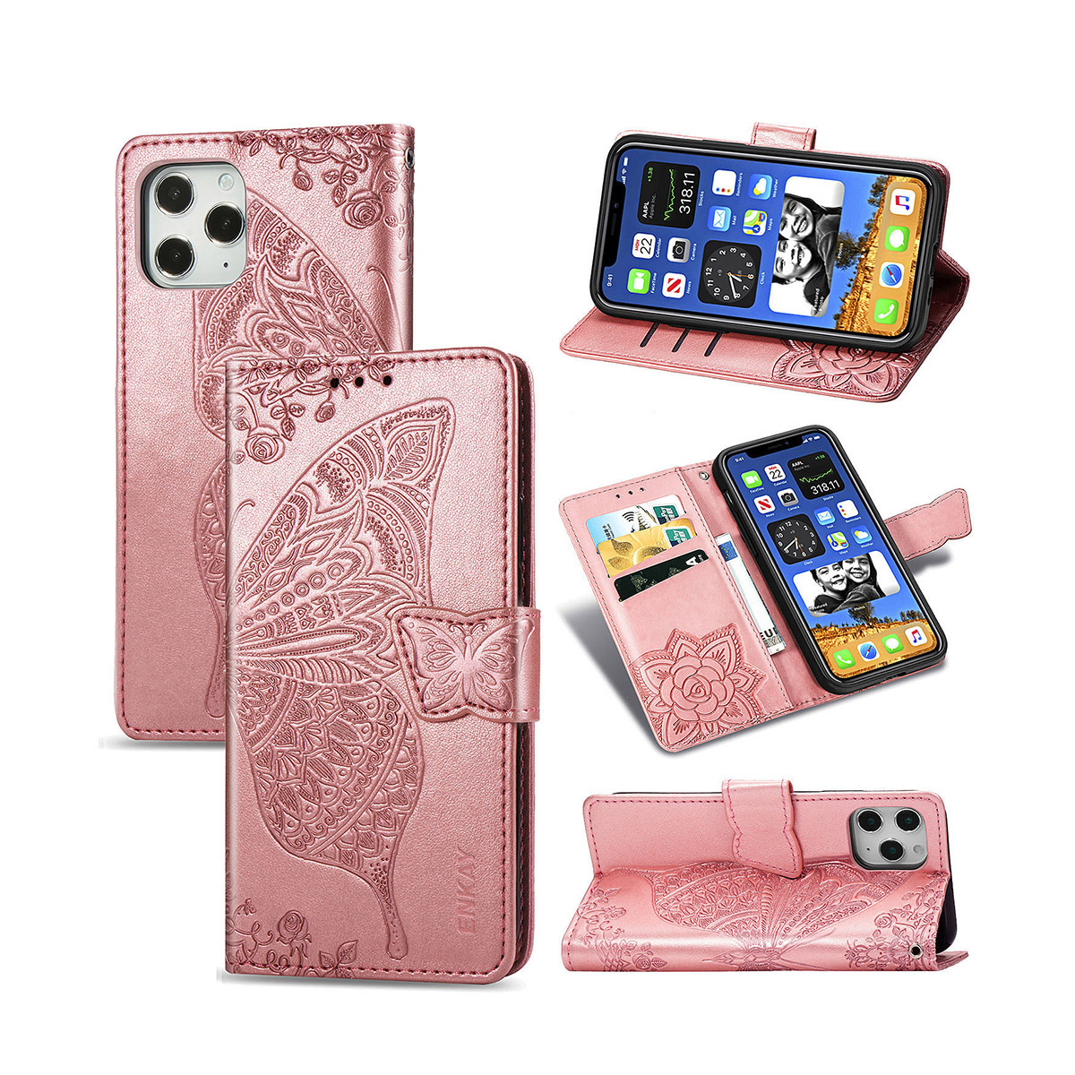 

ENKAY PUC020 Imprint Butterfly Flower TPU Leather Cover with Wallet Stand for iPhone 12 Pro Max - Rose Gold, iPhone 12 Pro Max