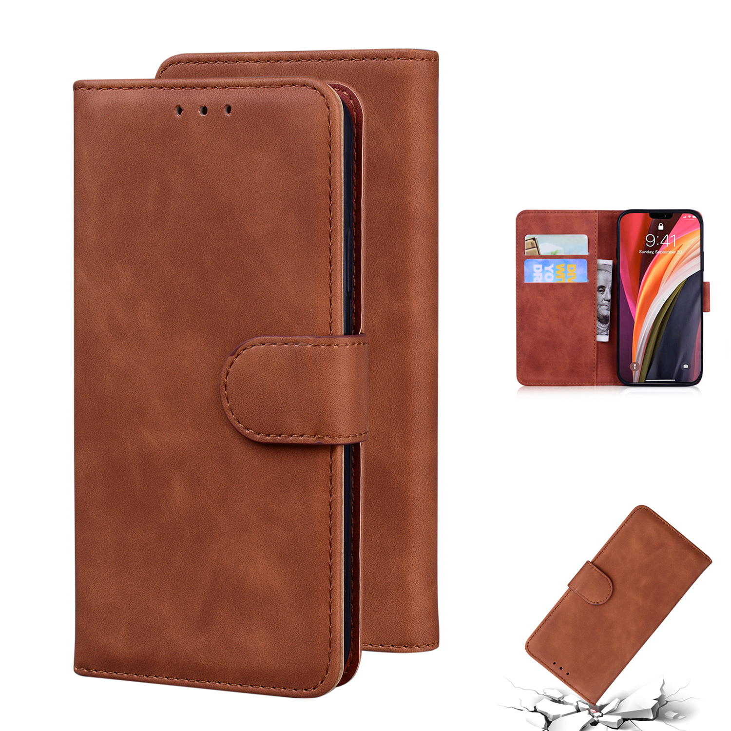 

Leather Wallet Stand Phone Case for iPhone 12 Pro Max - Brown, iPhone 12 Pro Max