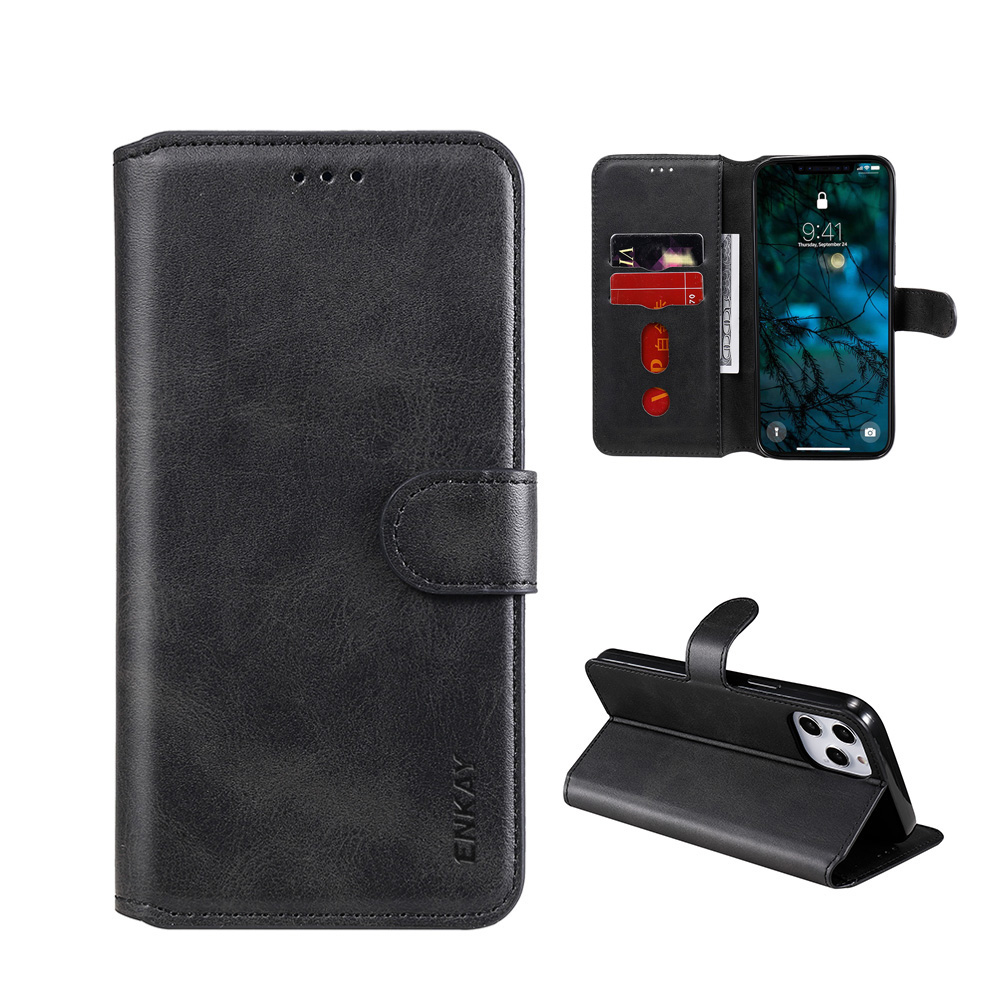 

ENKAY ENK-PUC023 Wallet PU Leather + TPU Stand Case for iPhone 12 Pro Max Phone Shell - Black, iPhone 12 Pro Max