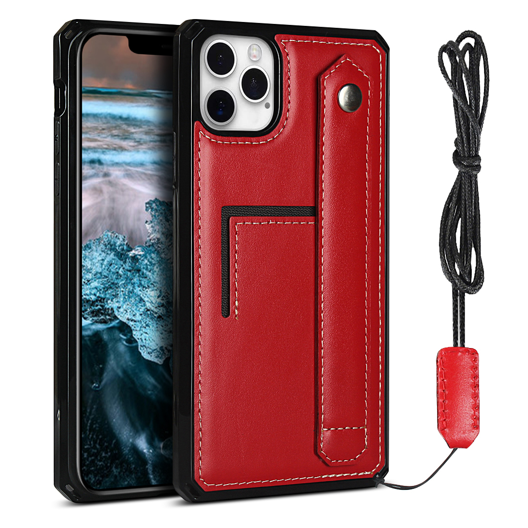 

Для IPhone 12 Pro Max Case Натуральная Кожа С Покрытием TPU С Ручным Ремешком Для Лампа - Красный, iPhone 12 Pro Max