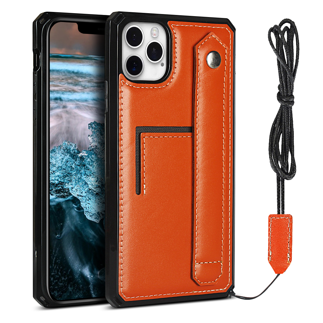 

For iPhone 12 Pro Max Case Genuine Leather Coated TPU Shell with Hand Strap Kickstand - Orange, iPhone 12 Pro Max